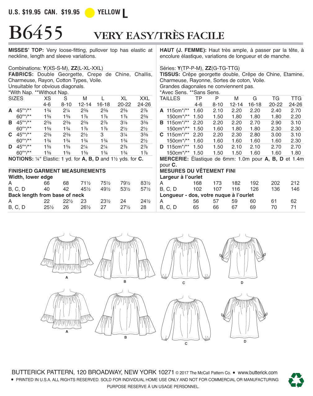Mccall Pattern Company B6455Zz0 Misses' Top, Large/X-Large/Xx-Large