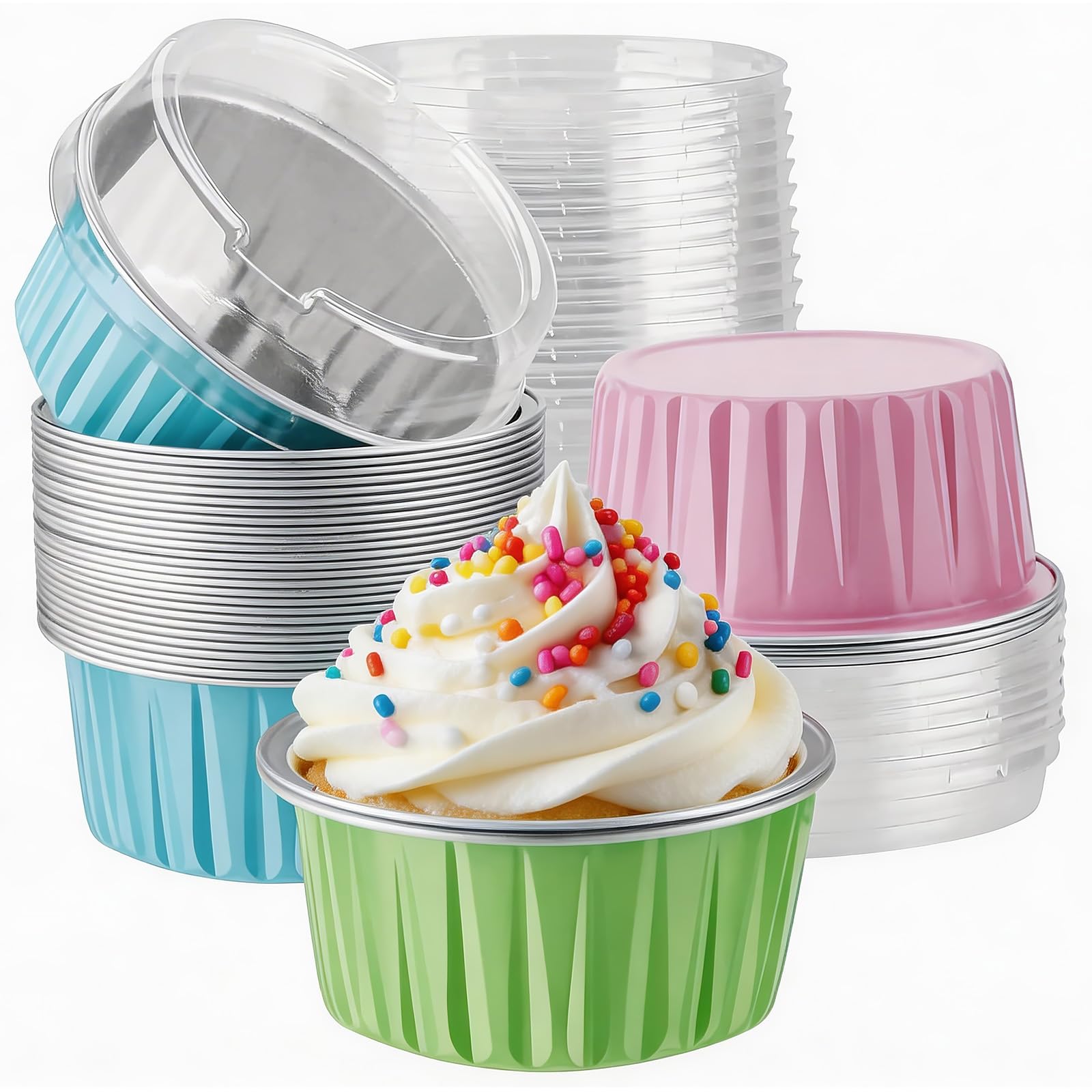 30 Pack 5 OZ Mini Loaf Pan Tins Round Aluminum Foil Remekin with Clear Lids