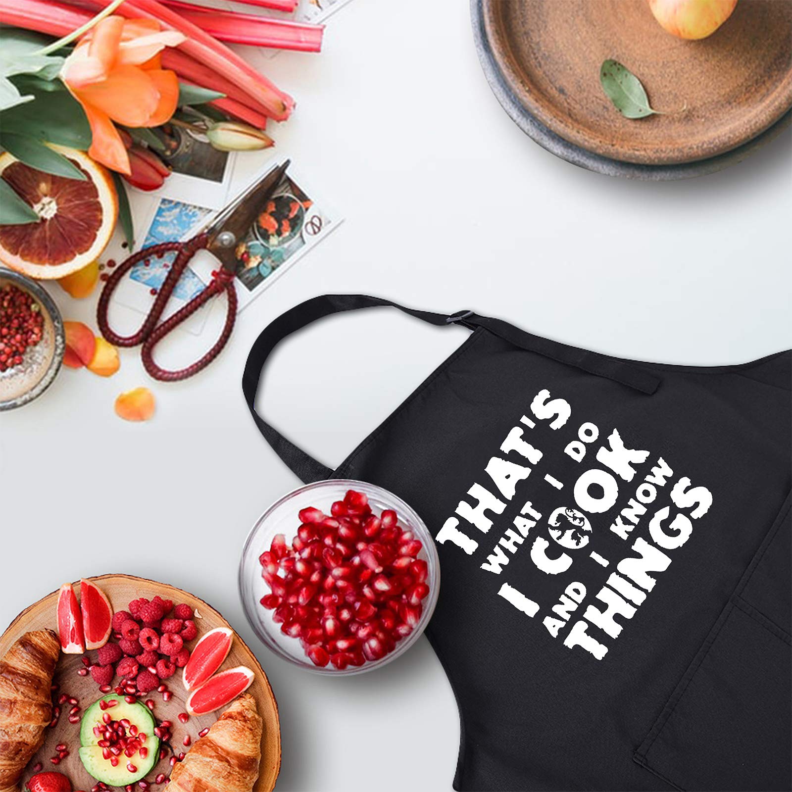 Rosoz Funny Bbq Black Chef Aprons For Men, I Cook And I Know Things Adjustable Kitchen Cooking Aprons With Pocket Waterproof Oil