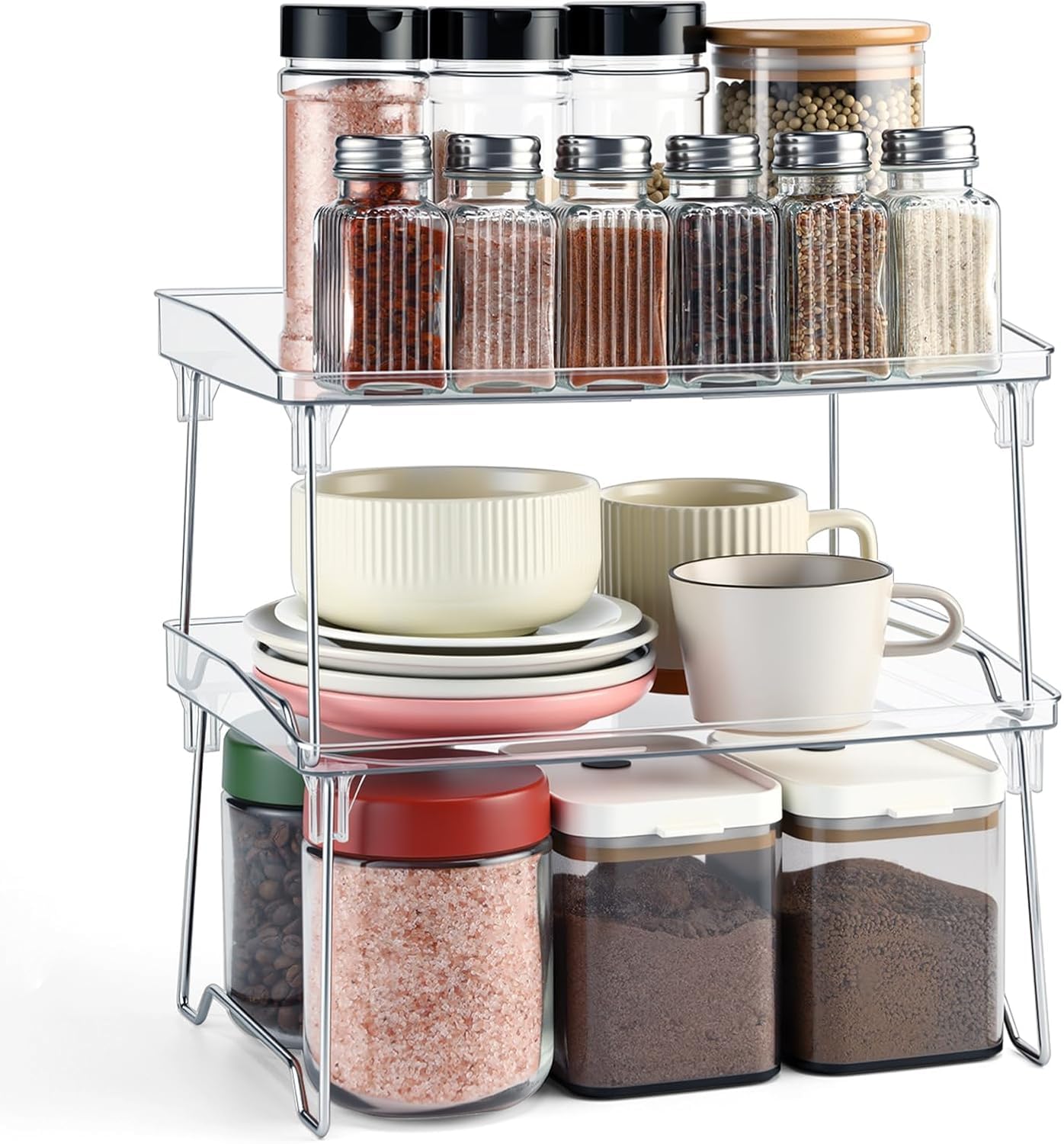 Zeinwap Cabinet Organizer Shelf, Stackable Kitchen Counter Shelves, Spice Rack, Countertop Organizers, Clear Acrylic Storage She