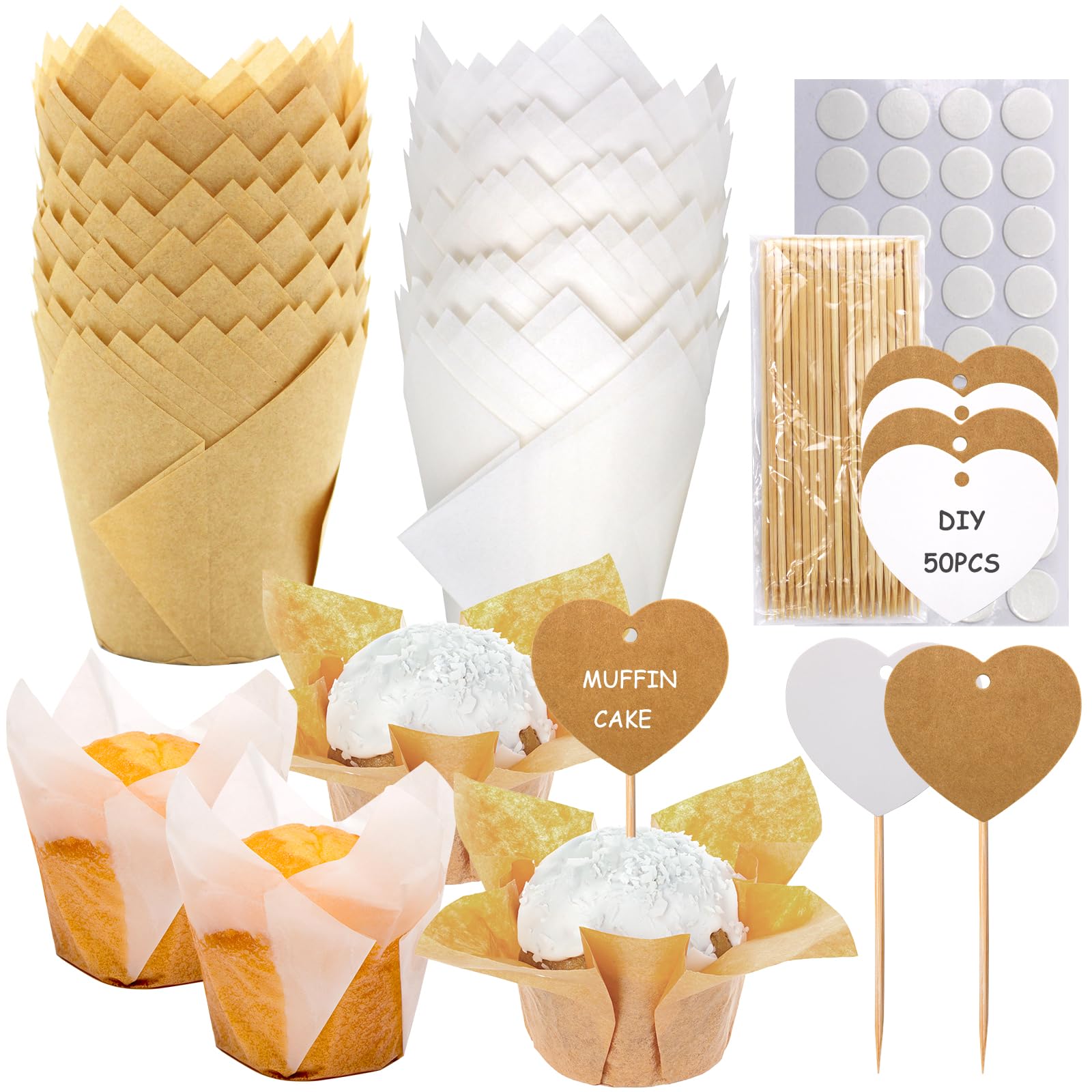 Blue Top 2 In 1 100Pcs Tulip Cupcake Liners And 50Pcs Diy Heart Cake Topper Set, Muffin Cupcake Cups, Cupcake Baking Cups, Perfe