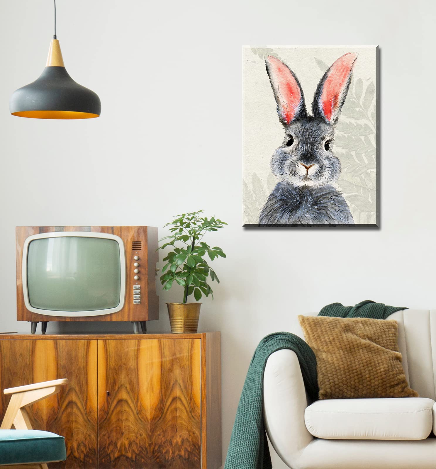 BLINFEIRU Kids Room Decor Bunny Decor Wall Art Blue Gray Cute Rabbit Poster Picture Canvas Print Girls Baby Wall Decorations 1 Panel Nursery Decor Artwork Framed Wall Art Ready to Hang 12'' Wx16 H