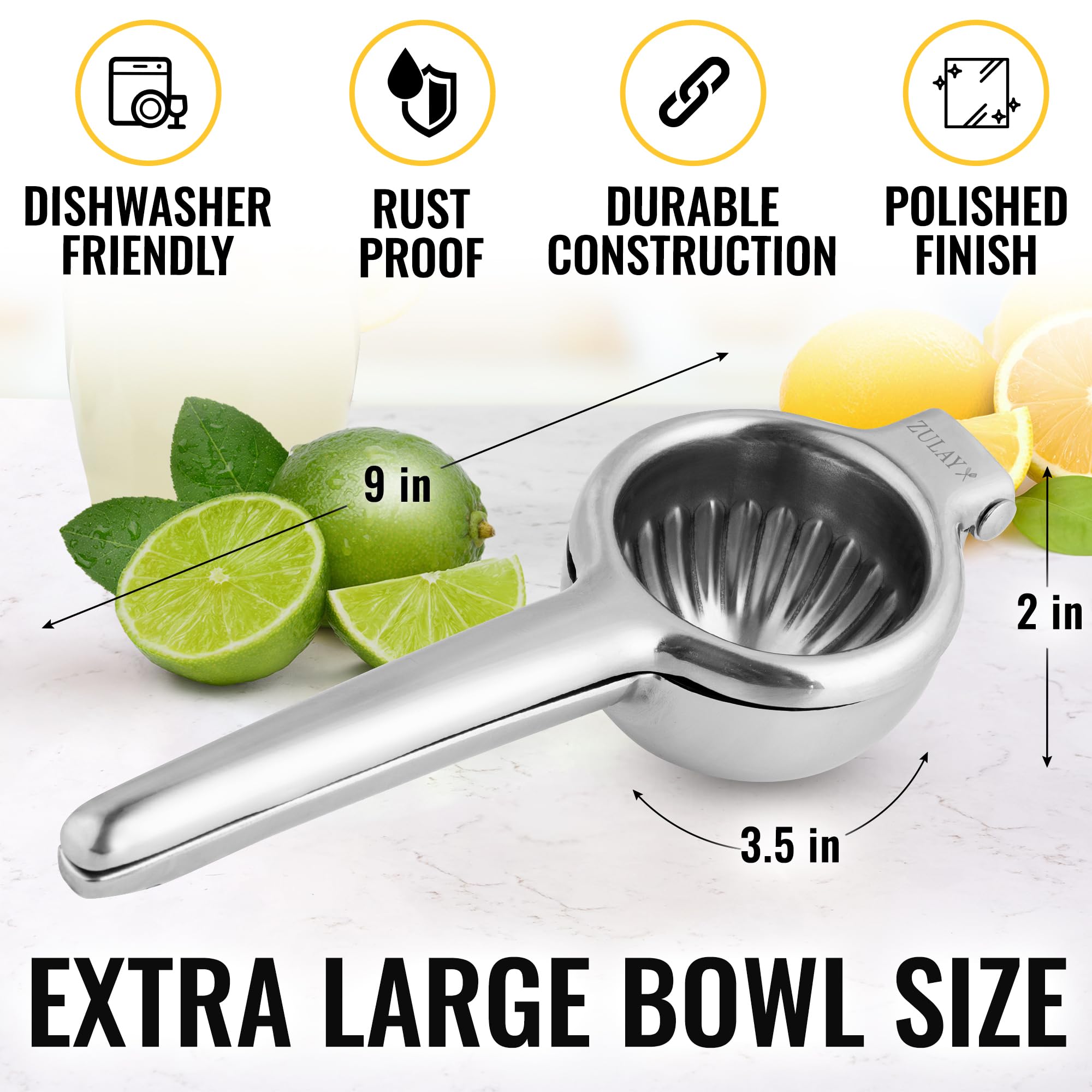 Zulay Extra Large Lemon Squeezer Stainless Steel - Easy Squeeze Heavy Duty Lemon Juicer Hand Press - Ergonomic Citrus Squeezer &