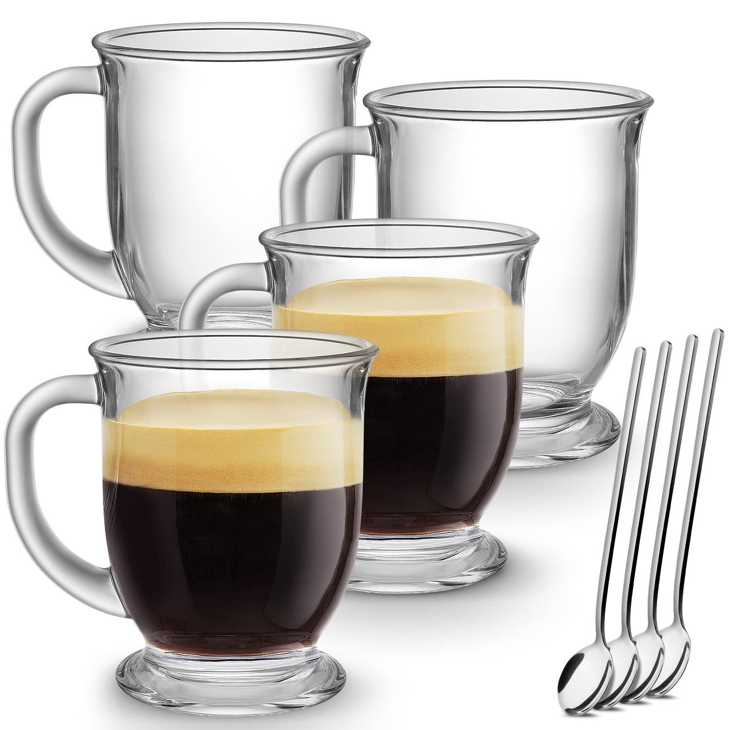 Mfacoy Glass Coffee Mugs Set of 4, Clear Large Coffee Mug 15 Oz With Handles for Hot Beverages, Clear Mugs for Tea, Cappuccino, 