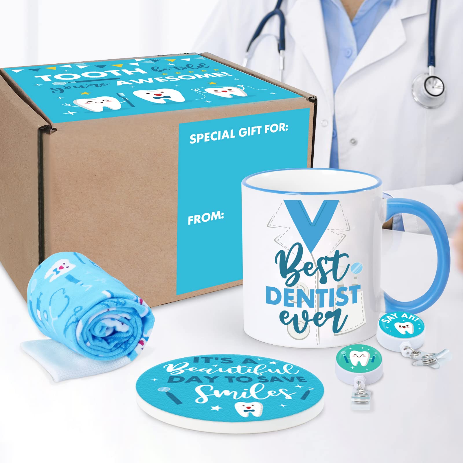 Dentist Gift Box For Men Funny Dentist Socks Coffee Mug Ceramic Coaster Dentist Badge Reel Dentist Appreciation Graduation Birth