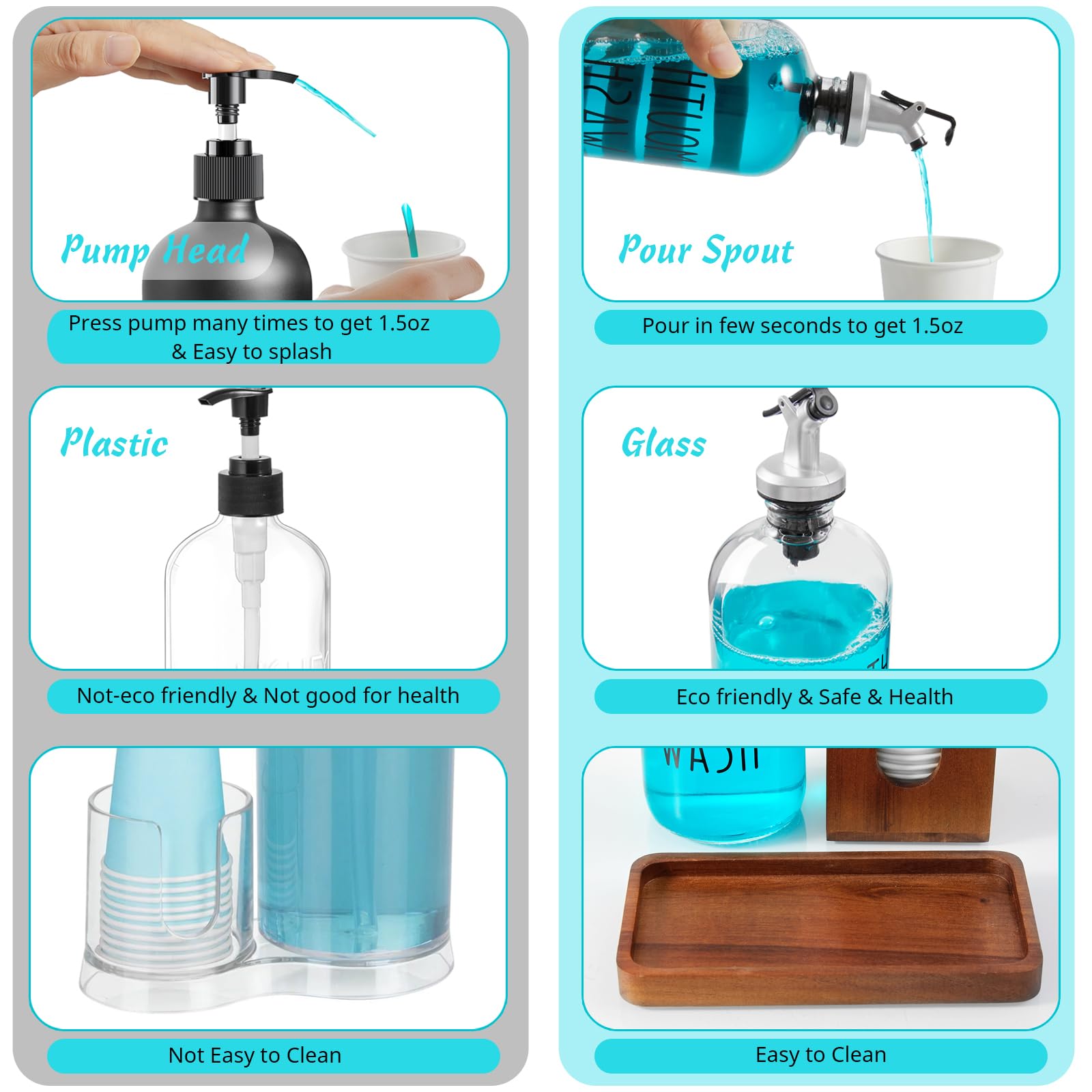 Mouthwash Dispenser For Bathroom, 16 Oz Glass Mouthwash Dispenser With Pour Spout And Acacia Wood Cup Holder And Tray, Mouth Was