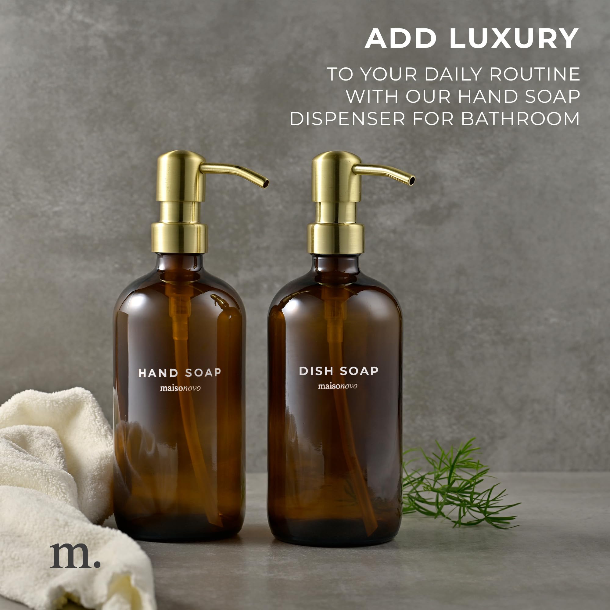 Maisonovo Hand And Dish Soap Dispenser Set | 16.9 Fl Oz Amber Glass Gold Pump X 2
