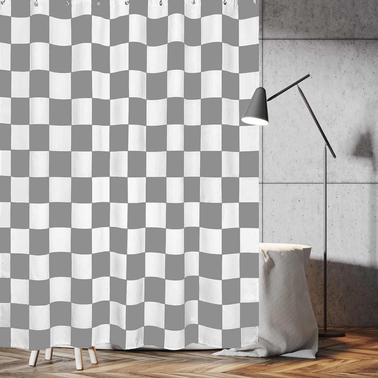 Tititex Aesthetic Checkerboard Grid Pattern Shower Curtain, White Grey Modern Shower Curtain Sets Decoration 71X71 Inch With Hoo
