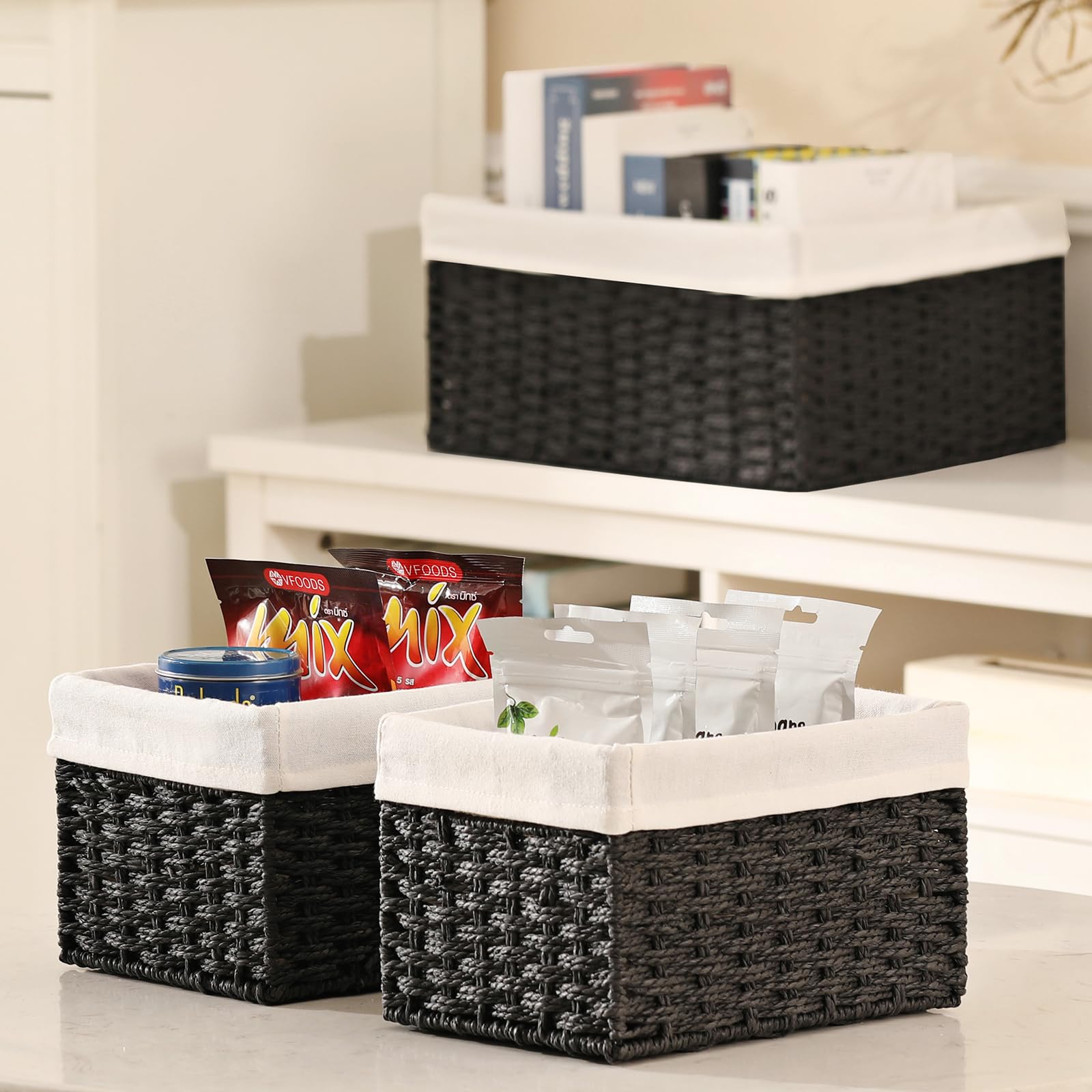Vagusicc Storage Basket, 3-Pack Woven Paper Rope Wicker Baskets For Storage With Handles, 15 Inches Large Cube Storage Bins Wove
