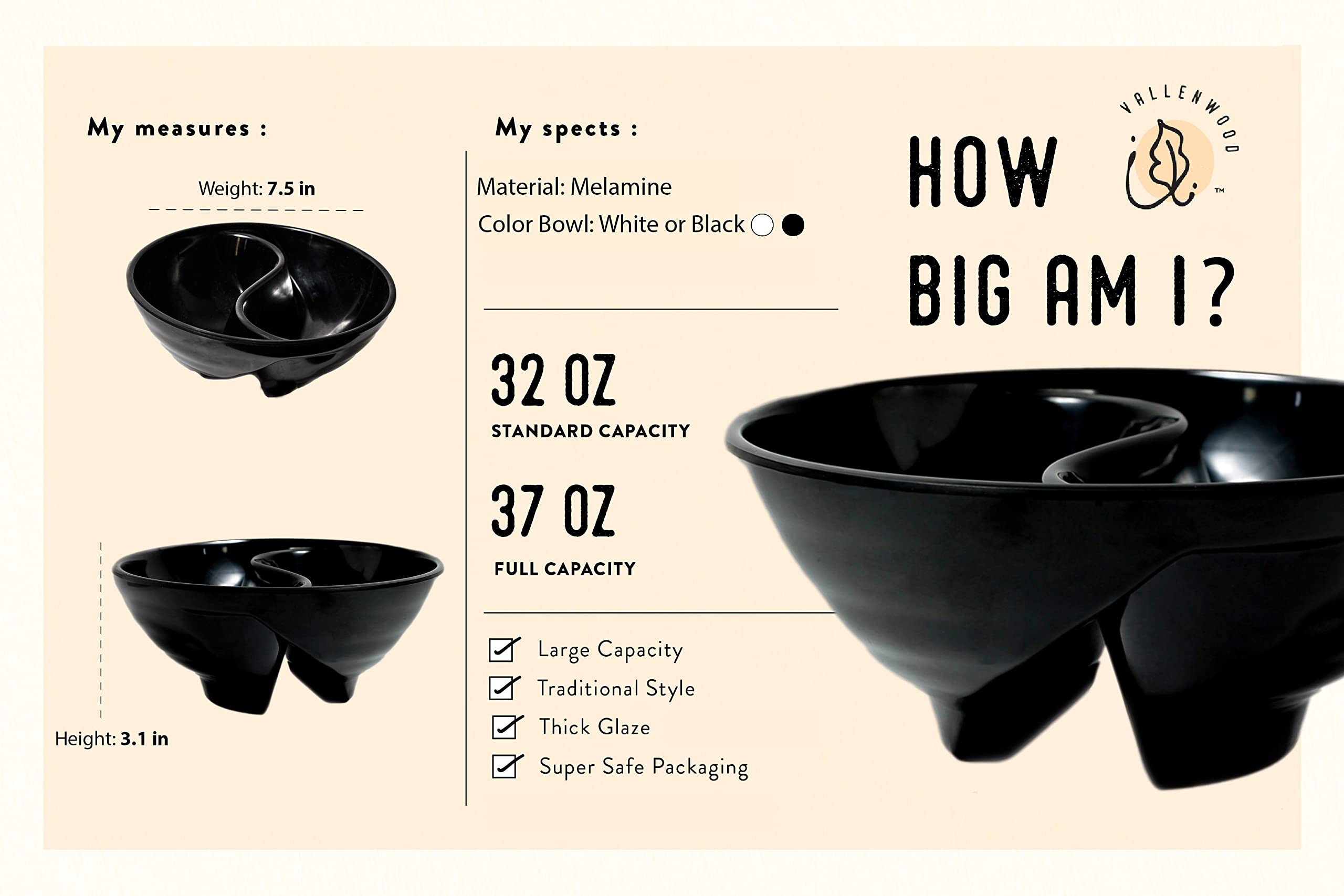 VALLENWOOD Divided Cereal Bowl Set - Unbreakable Melamine, Anti-Soggy Design, Black x2