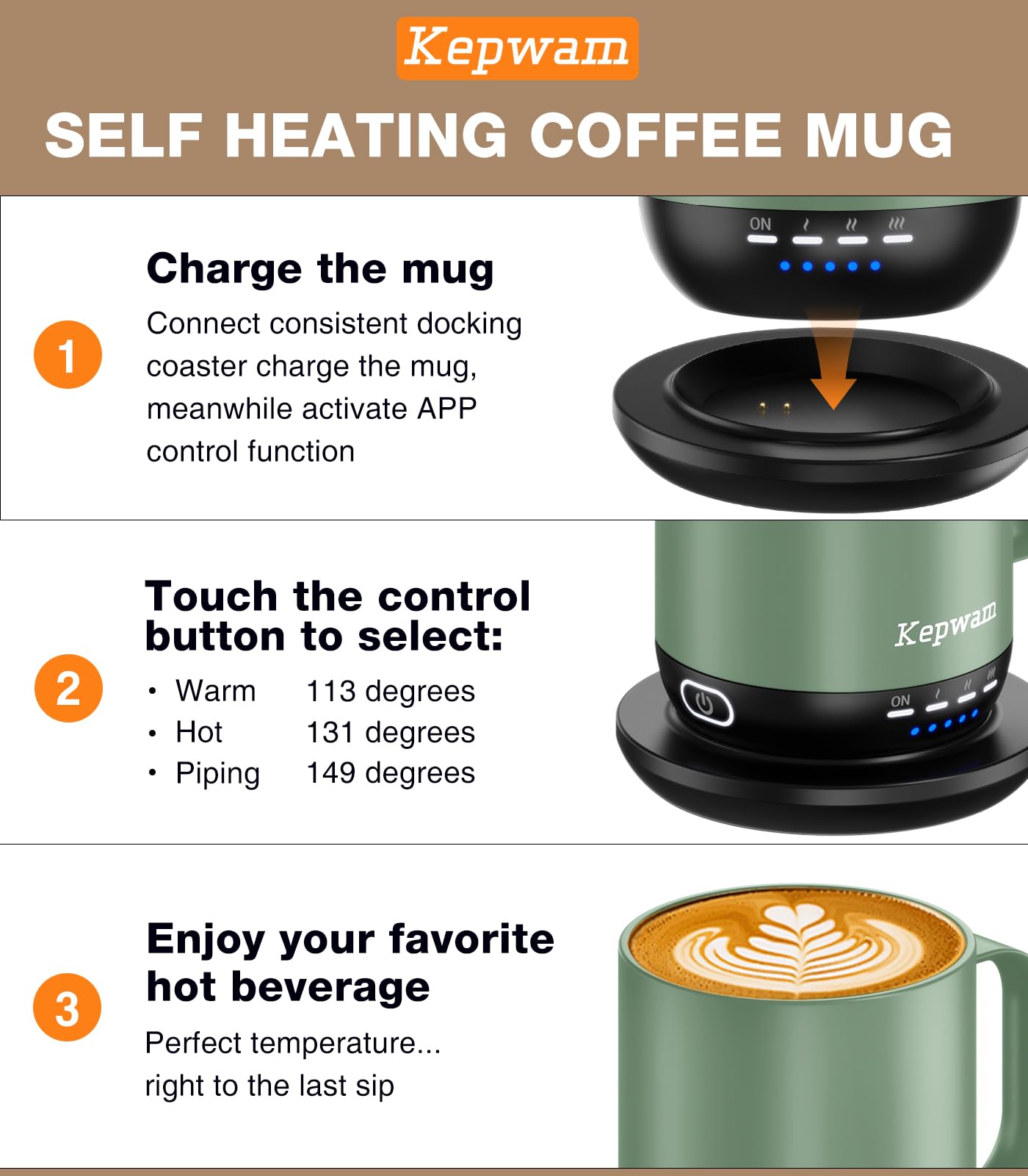 Kepwam Heated Coffee Mug T1-14oz Fast Heating & Longer Battery Life Self Heating Coffee Mug Hot to 149? - Touch & App Controlled