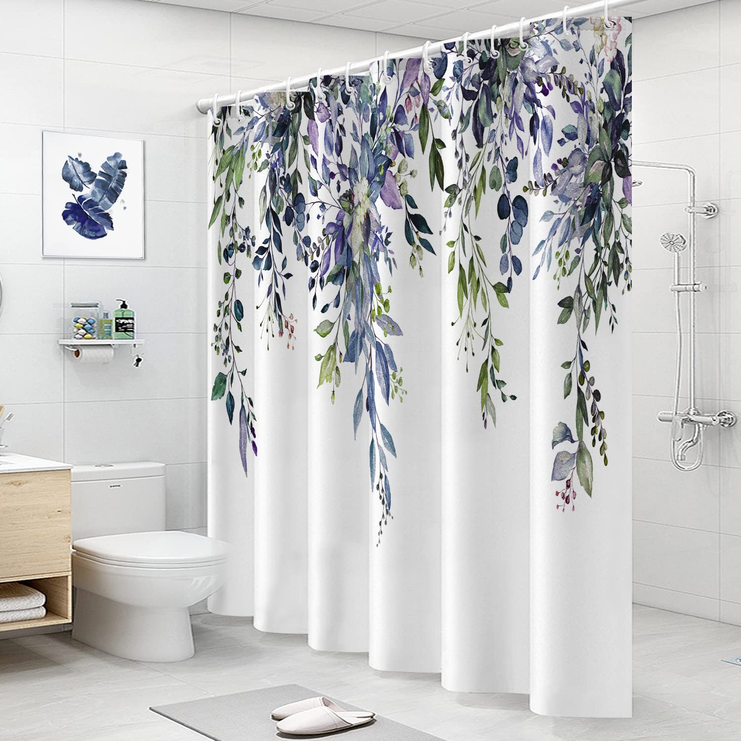 Nuseiis Long Blue Purple Shower Curtains 72 X 78, Fabric Tall Eucalyptus Leaves Shower Curtain Sets, Watercolor Floral Plant Bat