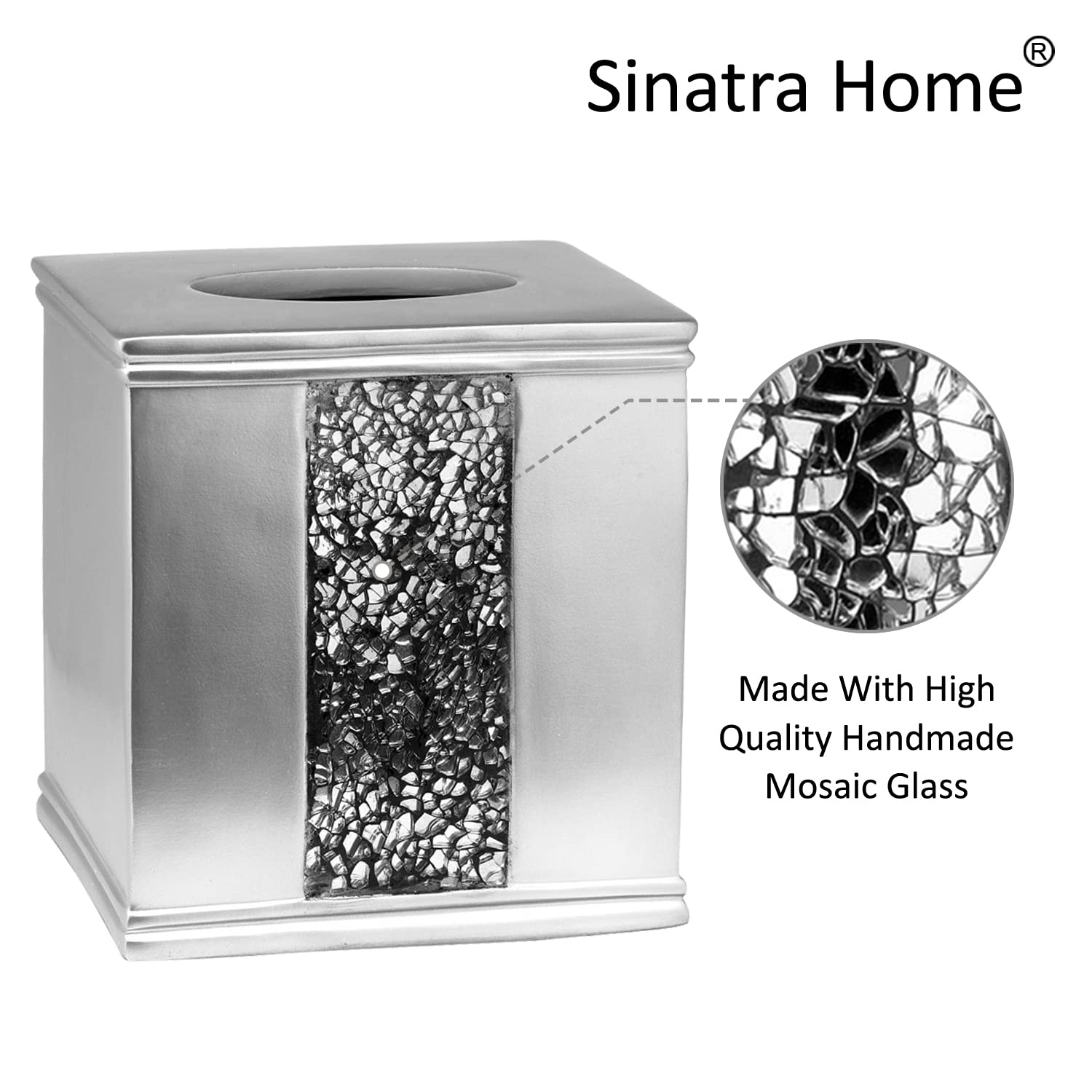 Zahari Home 2pc Sinatra Silver Modern Bath Accessories Set Waste Basket & Tissue Box Modern Classic Contemporary Decorative Beautiful Designs Bathroom Decor Set for Home Mosaic Glass