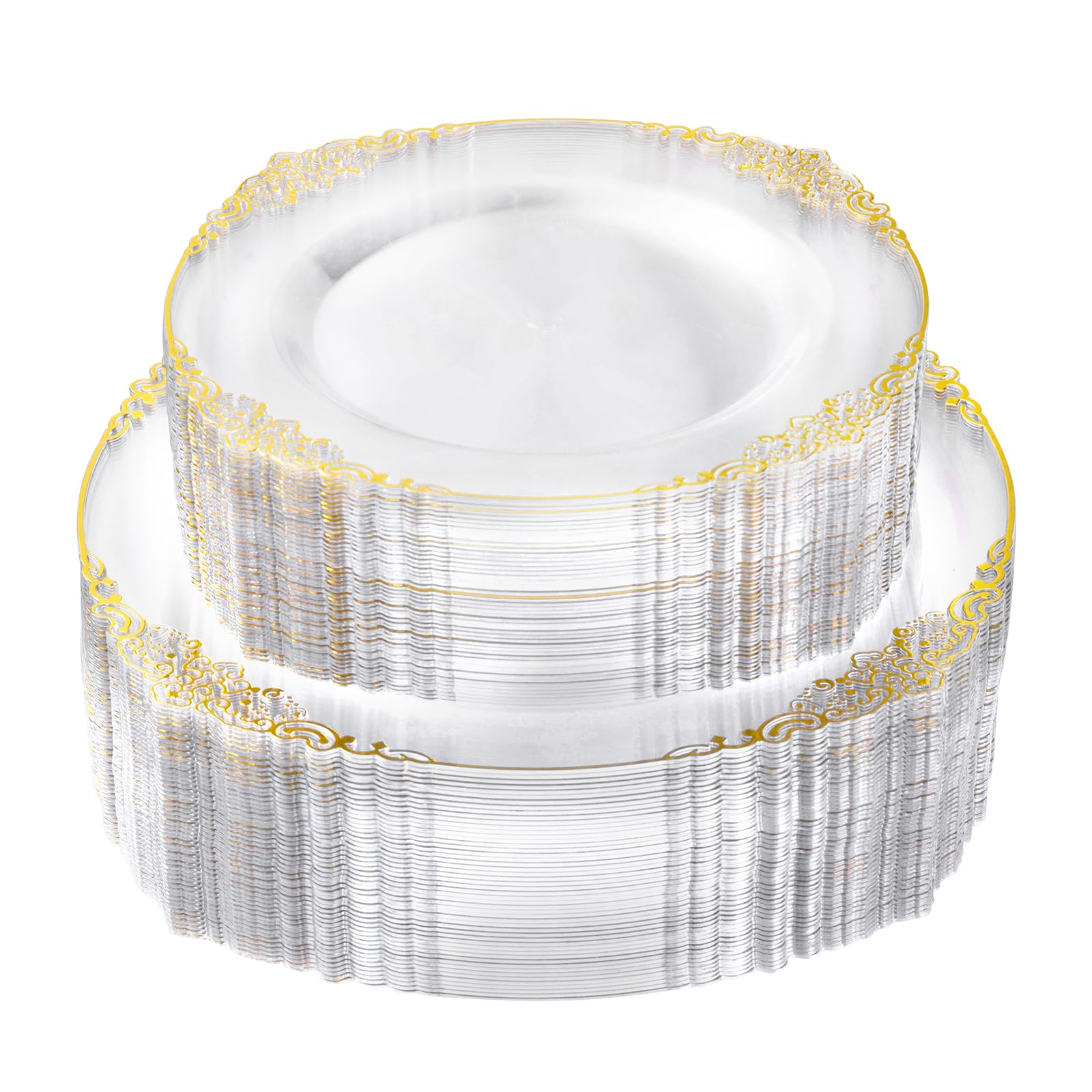 100 Pcs Clear And Gold Plastic Plates For 50 Guests, Clear Disposable Plates Include 50 Pcs Dinner Plates, 50 Pcs Dessert Plates