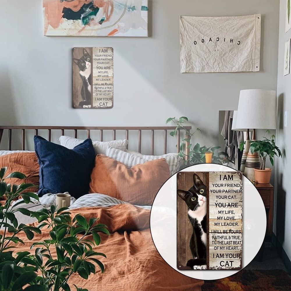 YOYI ART Tuxedo Cat Decor Sign - Vintage Metal Tin Wall Art, 8x12 inch, I Am Your Friend Cat Poster for Home and Cat Lovers