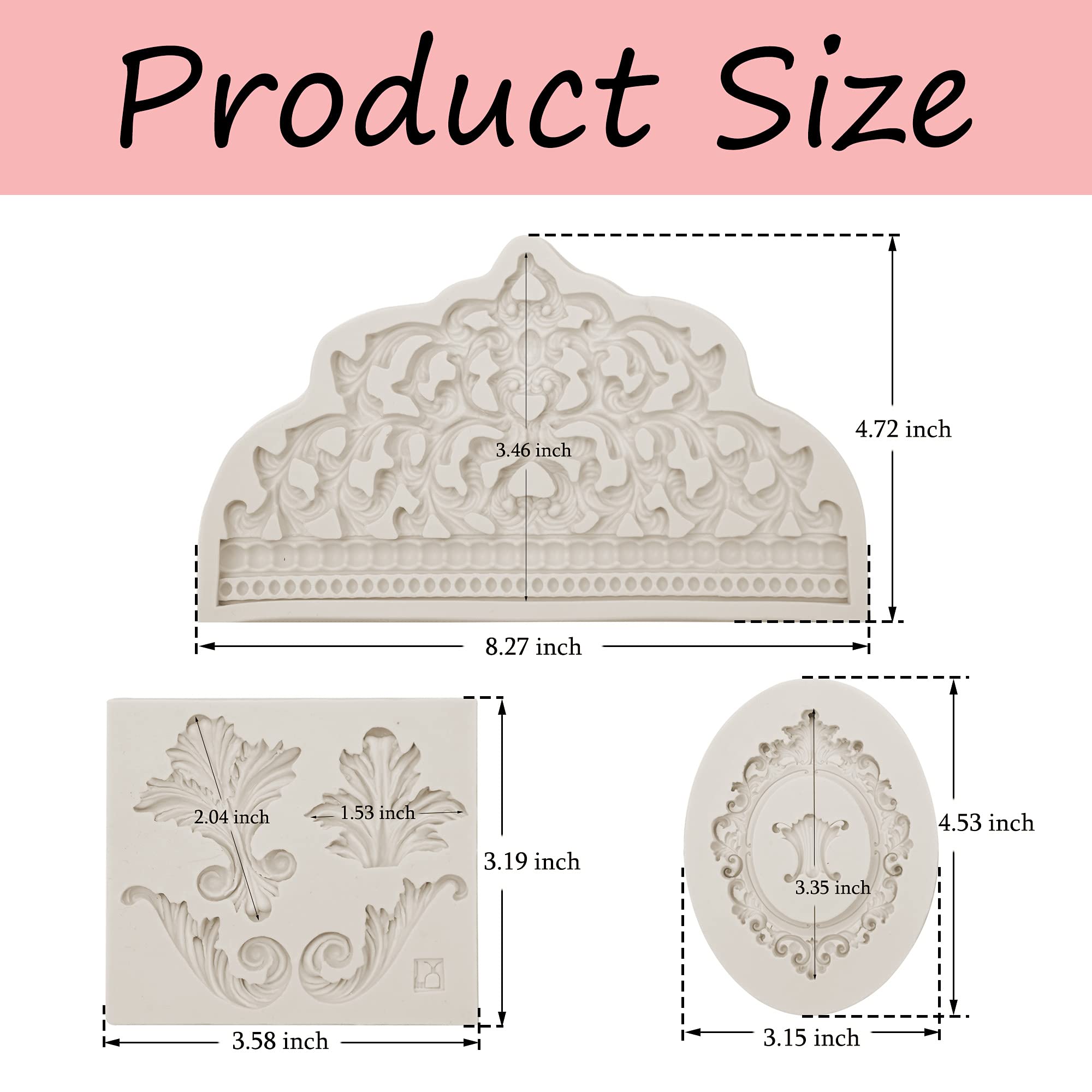 muyulin Crown Fondant Molds Set, 3 Pcs, Silicone Baroque Frame, Model ZH47, Ideal for Cake Decorating and Cupcake Toppers