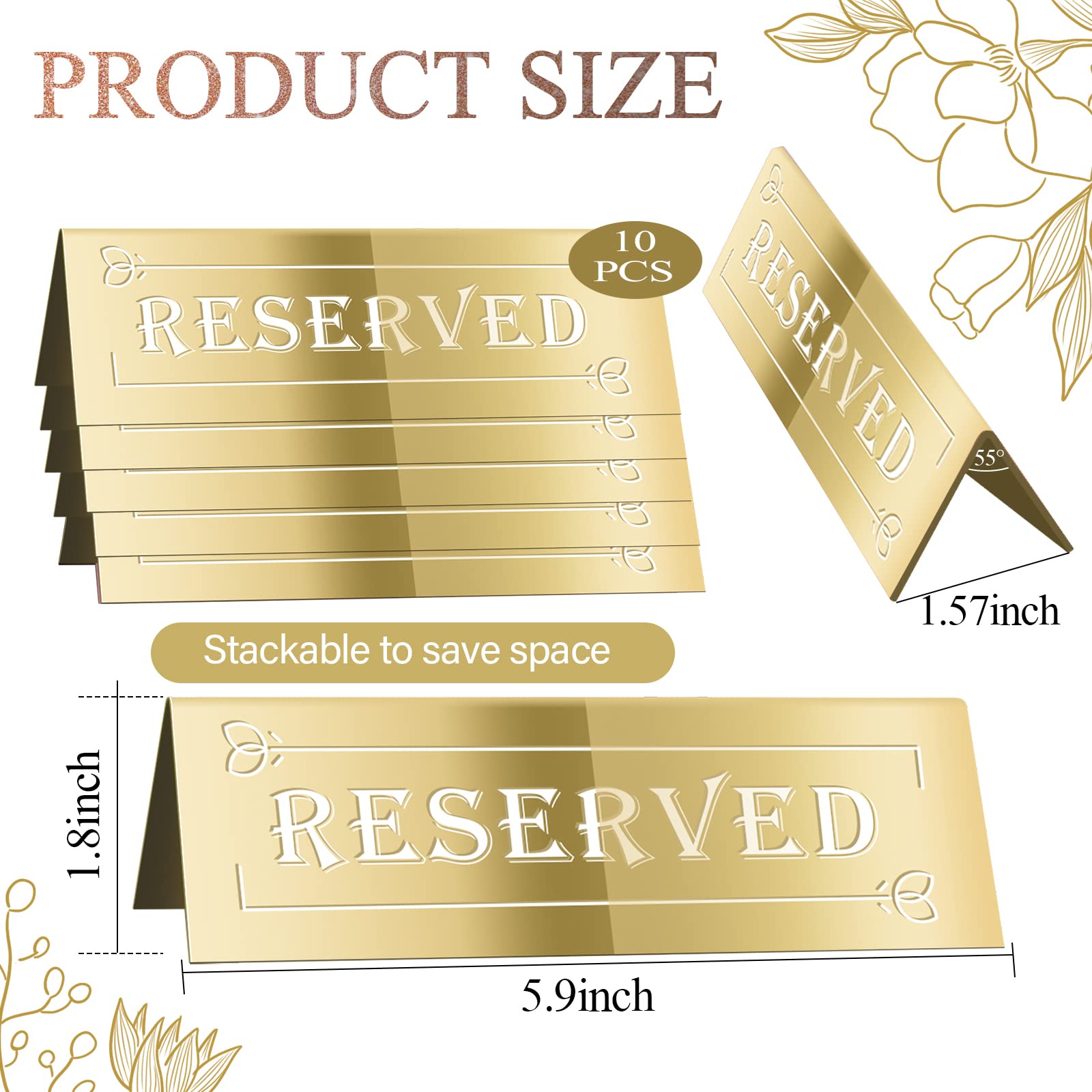 DI QIU REN 10PCS Acrylic Guest Reservation Table Tents, Waterproof Gold Double-Sided Reserved Seat Signs for Wedding, Birthday,