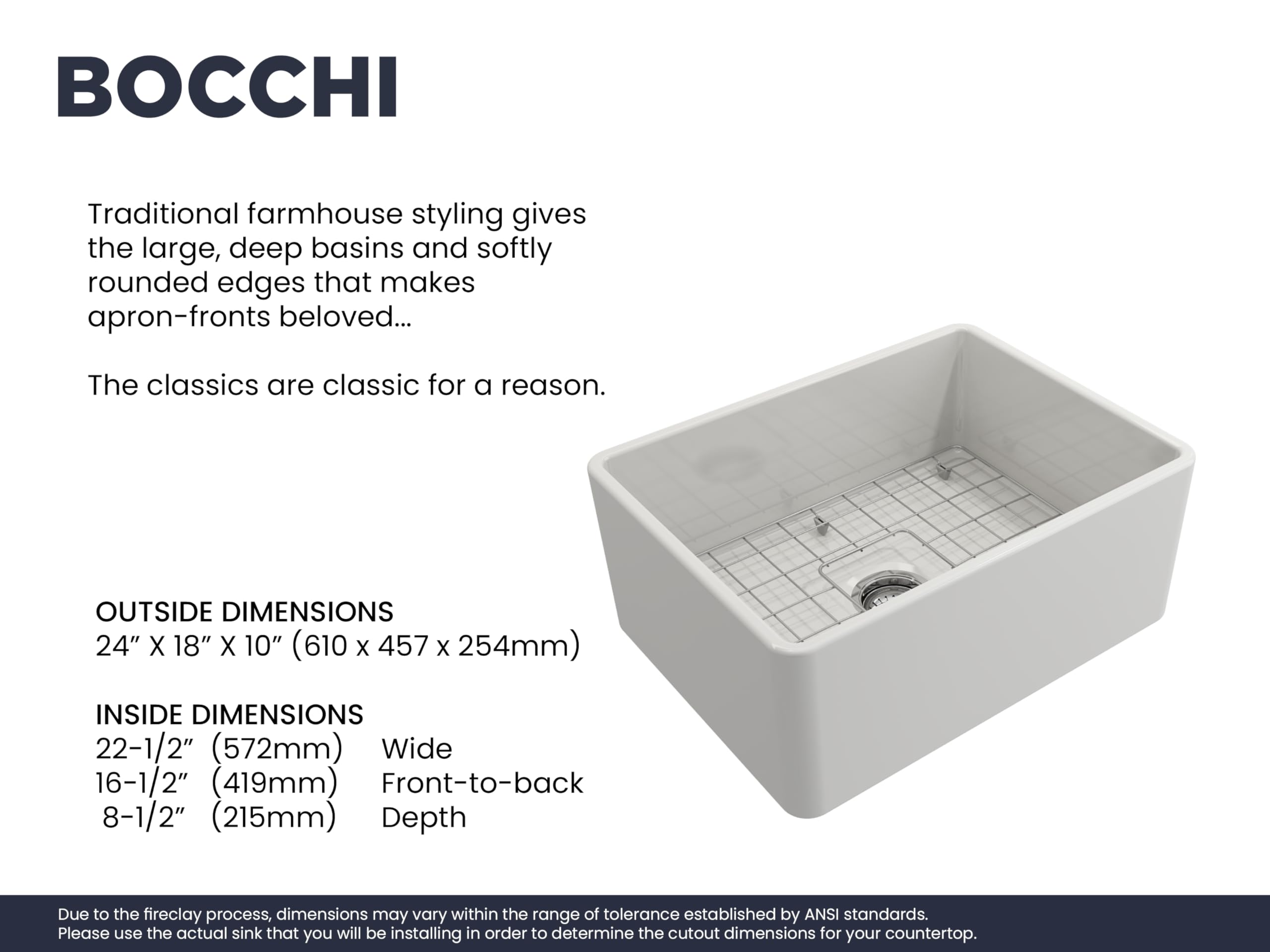 Bocchi Classico Farmhouse Apron Front Fireclay 24 In. Single Bowl Kitchen Sink With Protective Bottom Grid And Strainer In White