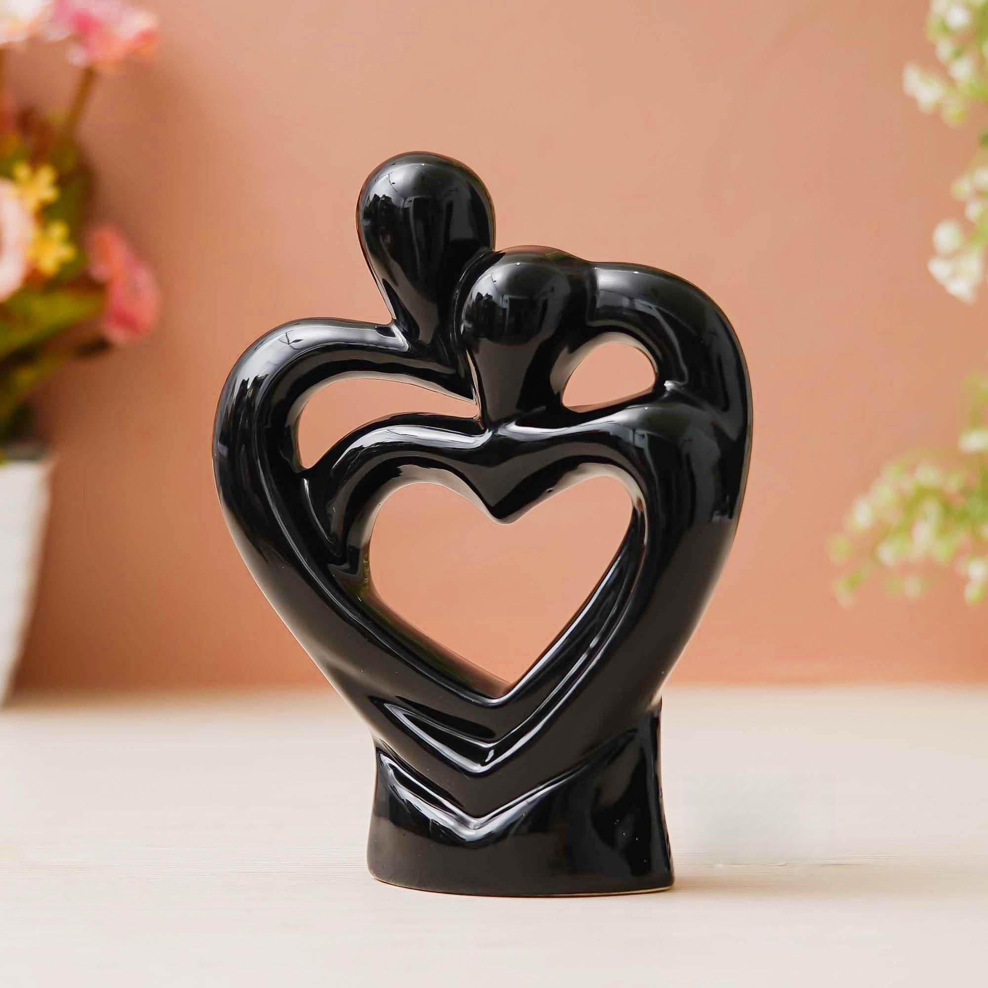 Ecraftindia Creative Modern Double Heart Romantic Couple Statue Showpiece(Resin Black)| Home Decoration Items For Living Room Be