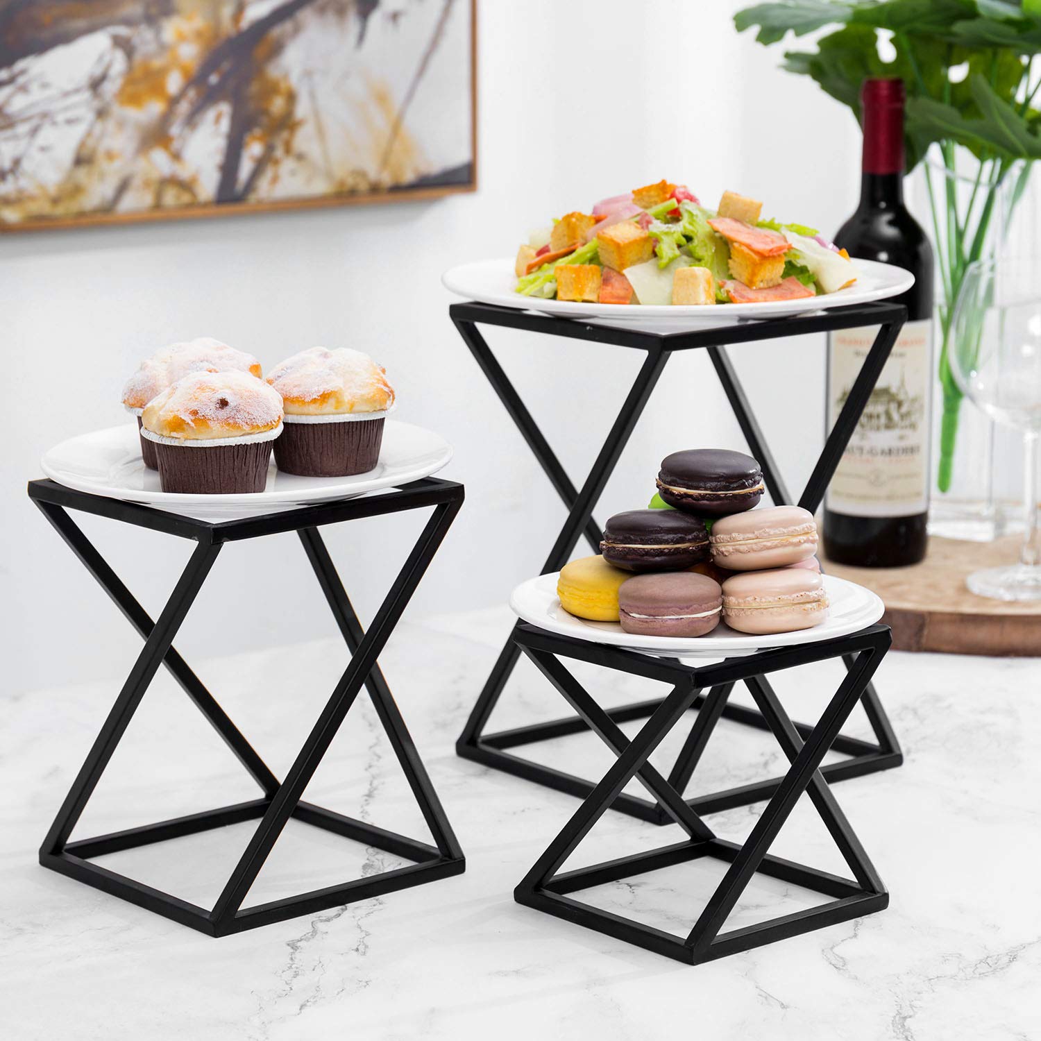Mygift Twisting Geometric Matte Black Metal Pizza Riser Racks/Food Display Stands, Set Of 3