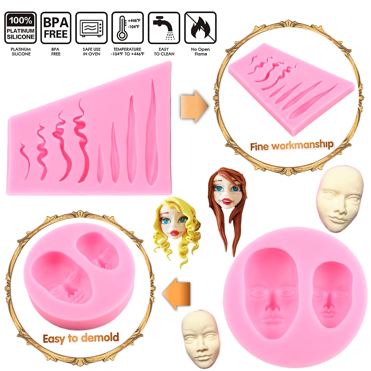 Mujiang Human Face Silicone Molds Doll Hair Fondant Molds For Cake Decorating Polymer Clay Candy Chocolate Gum Paste Set Of 3