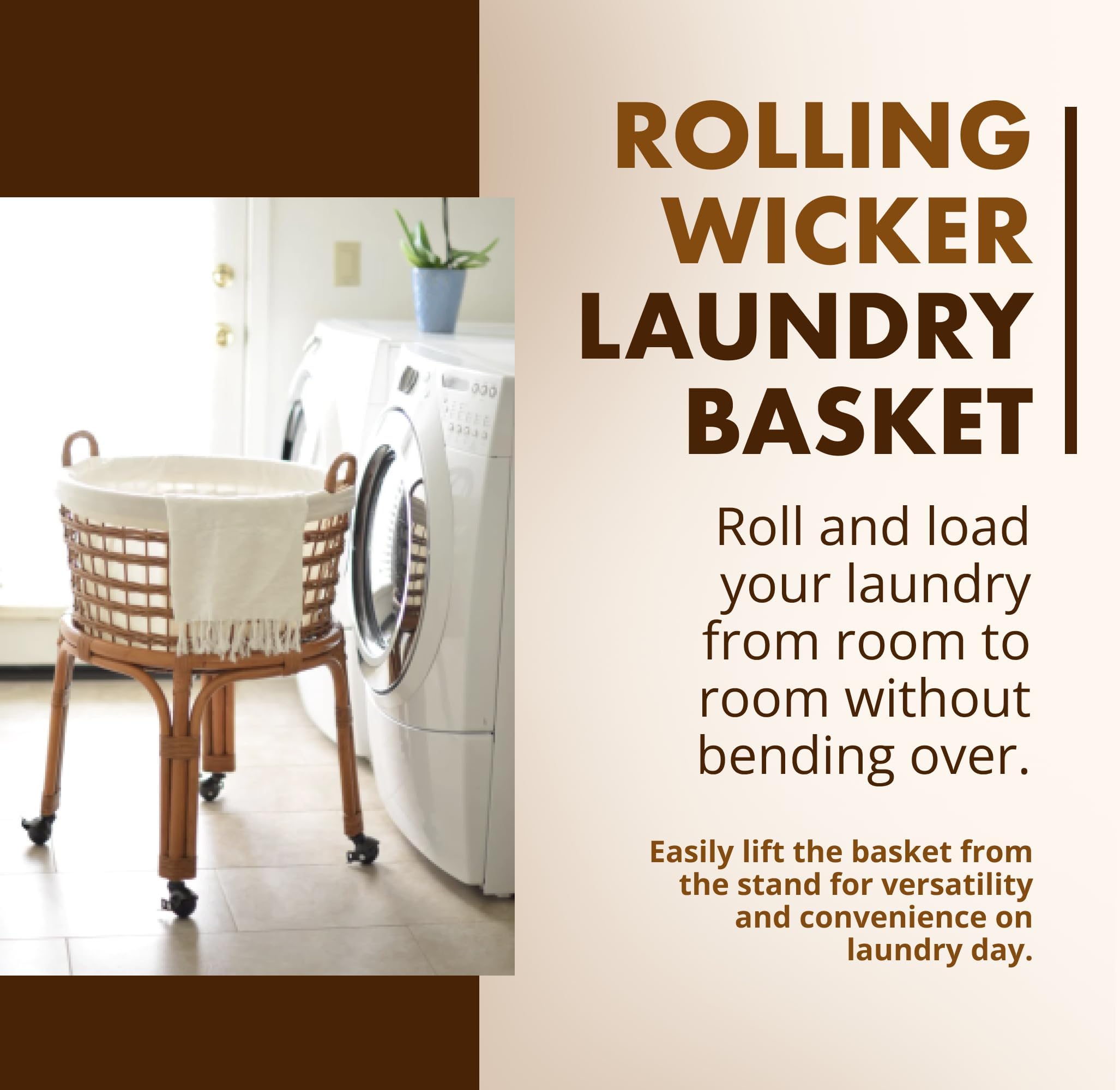 Kouboo Rolling Wicker Laundry Basket, Handwoven Wicker Hamper With Removable Cotton Liner, Stand, & Locking Caster Wheels, Honey