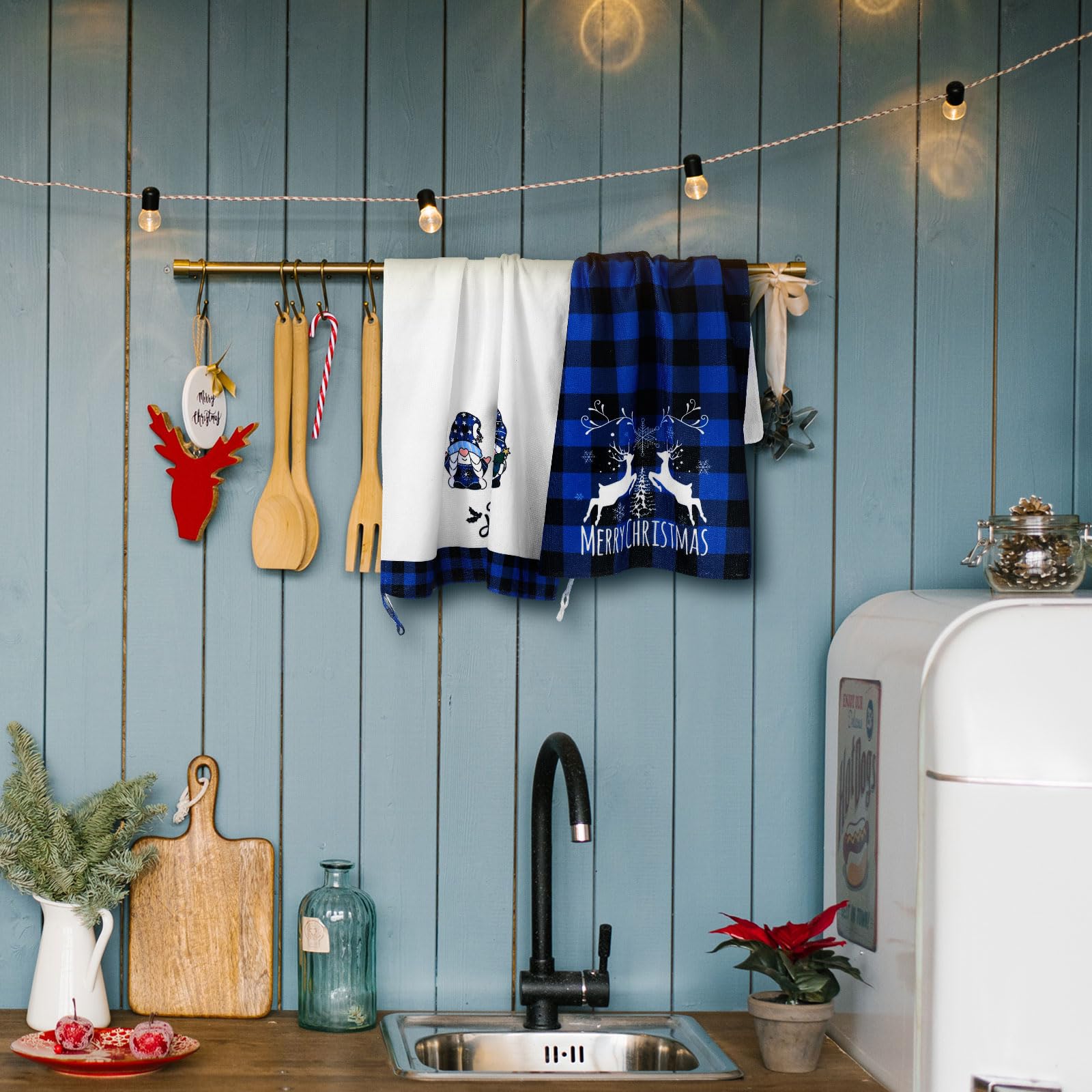 Sratte 6 Pcs Christmas Kitchen Towels Blue Black Buffalo Plaid Tea Dishtowels Absorbent Winter Gnome Truck Snowman Bathroom Hand