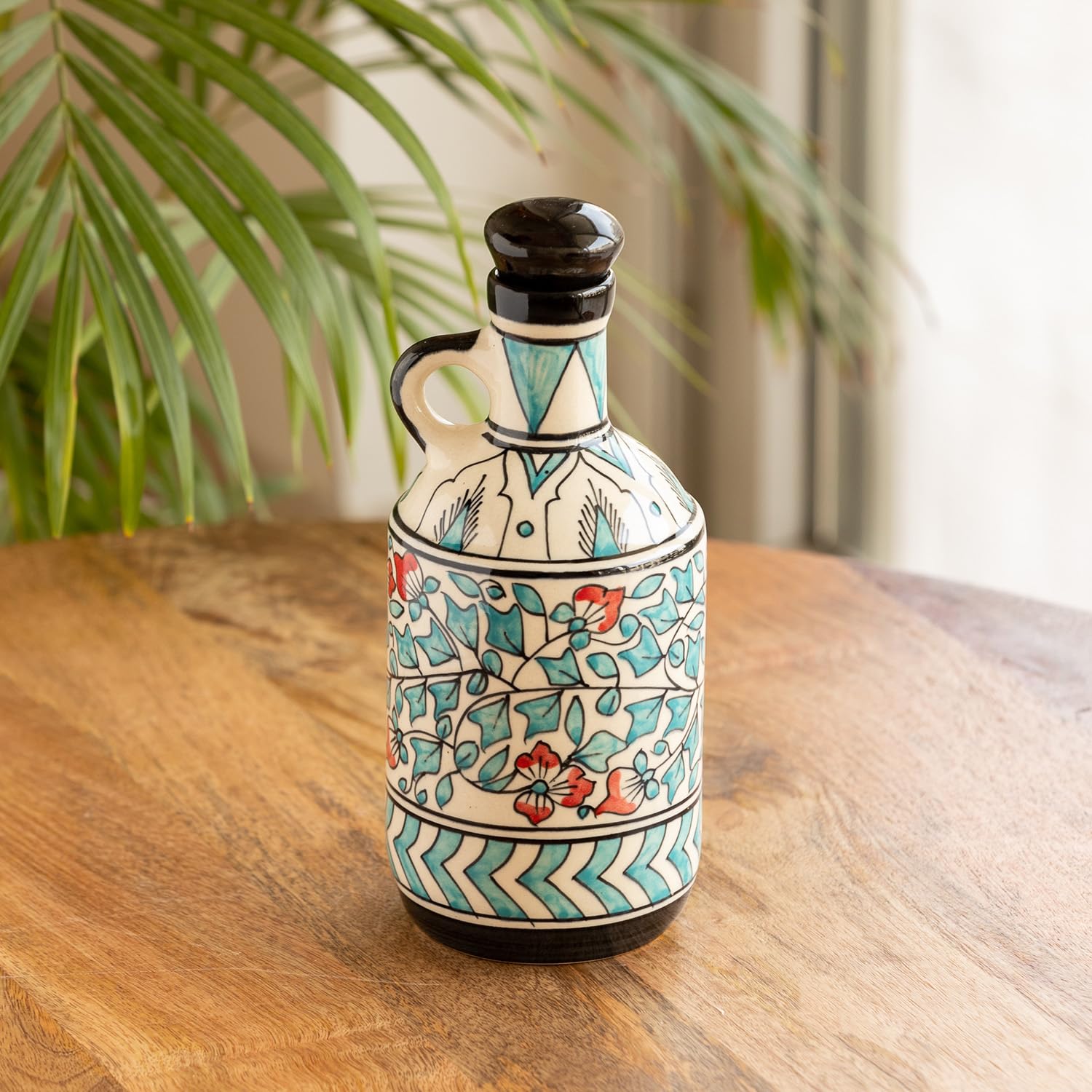 Exclusivelane Mughal Floral Ceramic Oil Dispenser (900 Ml, Multicolour) | Handpainted Decorative Oil Containers For Kitchen Oi