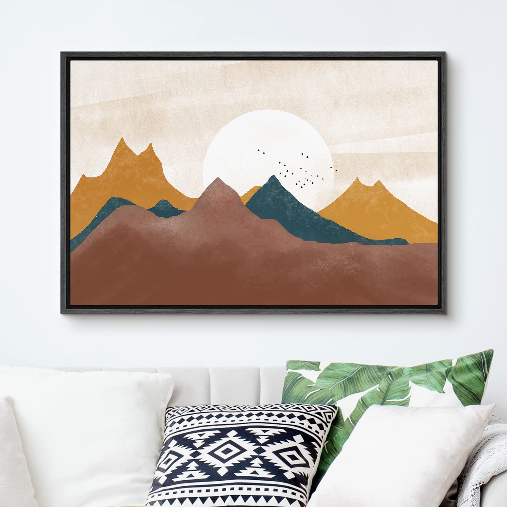 Signford Framed Canvas Print Wall Art Set Pastel Mountain Range Valley Sun Nature Wilderness Illustrations Modern Art Farmhouse/