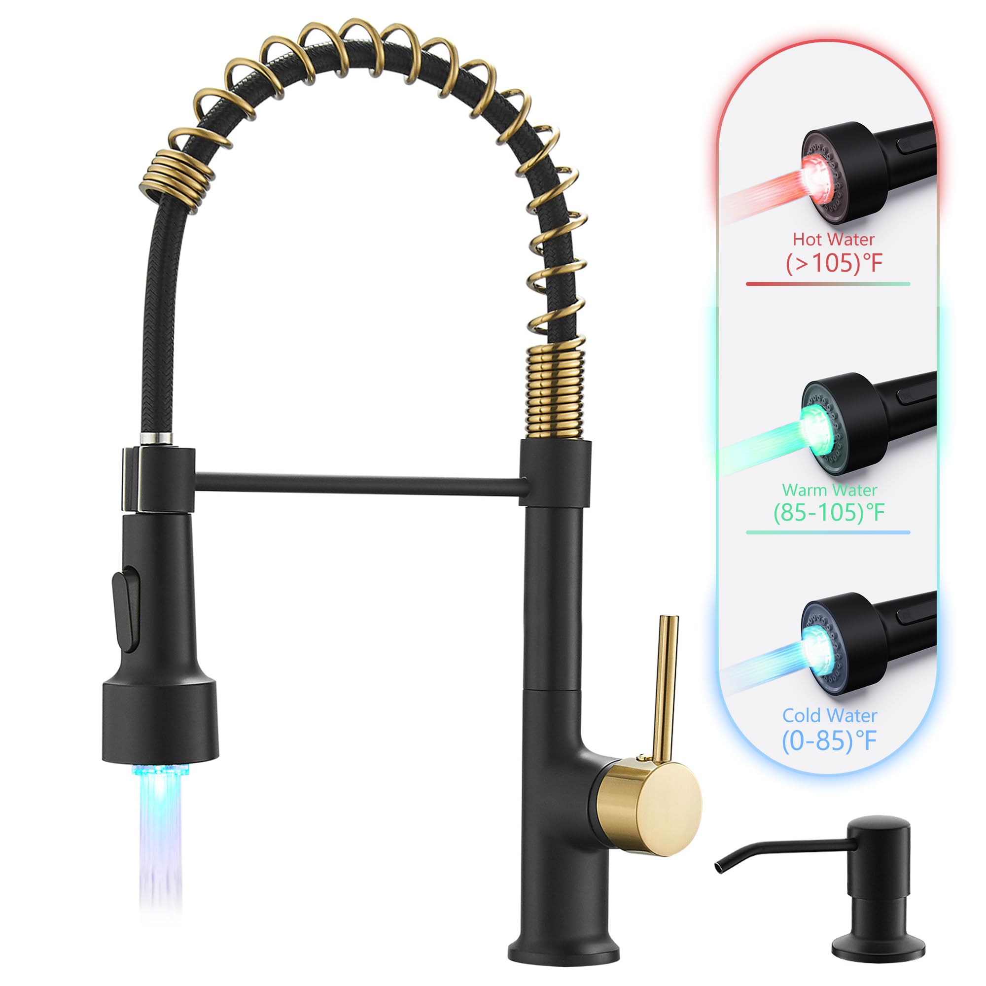 GIMILI Black and Gold Kitchen Faucet with Soap Dispenser Single Hole Pull Down Sprayer LED Faucet, Suitable for Farmhouses, RV, 
