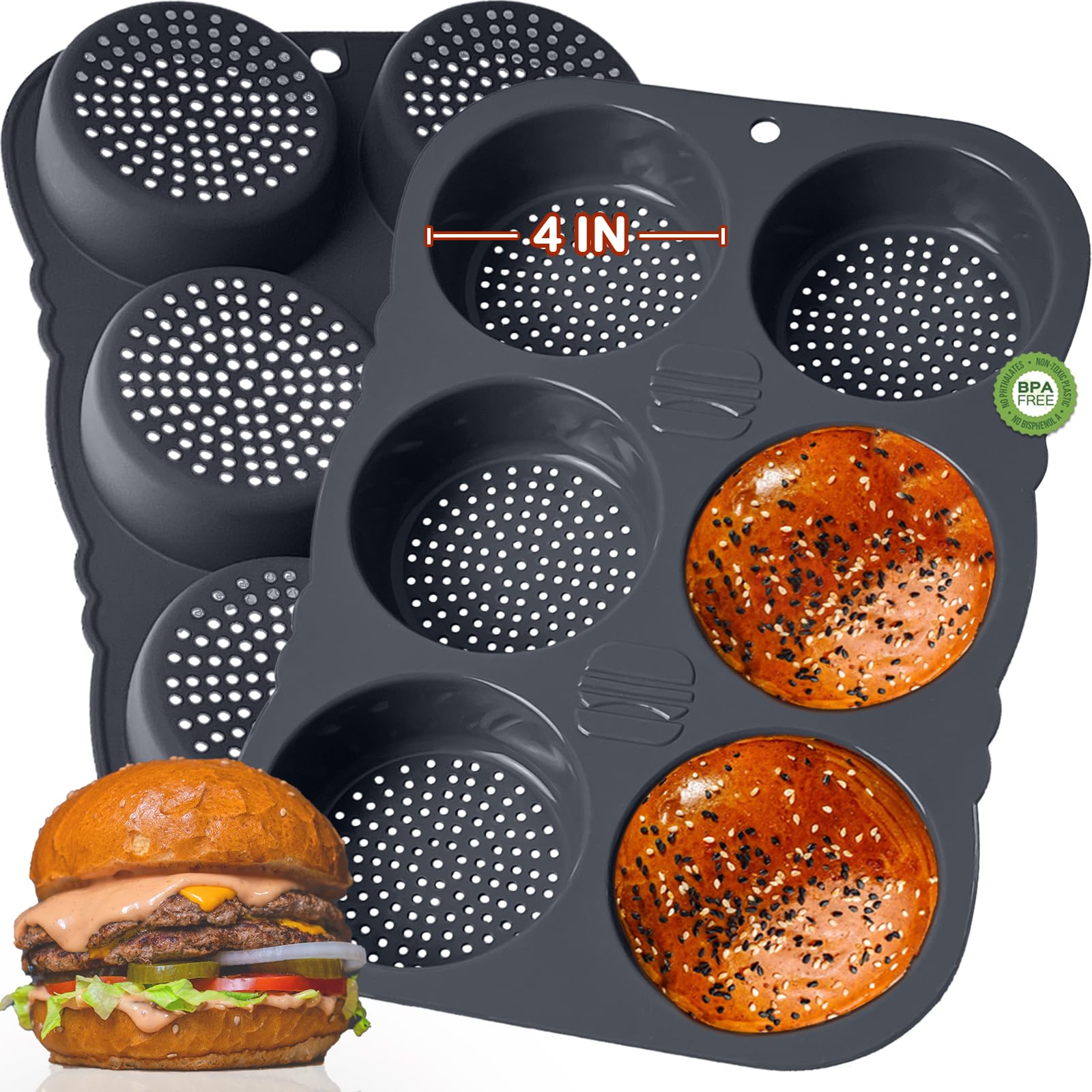 Gddgcuo Hamburger Bun Pan, 4 Inch Silicone Hamburger Bun Mold, 6 Cup Big Baking Pan For Homemade Hamburger Buns, Dishwasher Safe