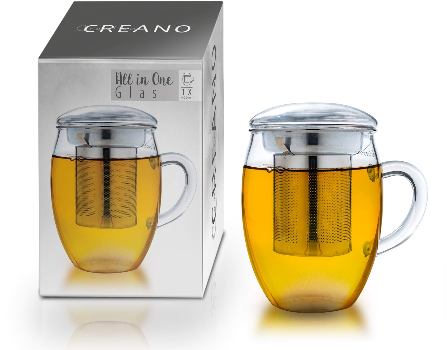 Creano Tea Glass With Stainless Steel Infuser And Glass Lid - 14Oz (400Ml)