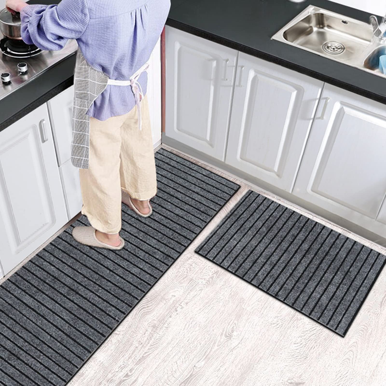 Wolpin Cotton Kitchen Floor Mat Runner With Anti Skid Backing Home Striped Anti Slip Rug (Grey, 40 X 120 Cm)