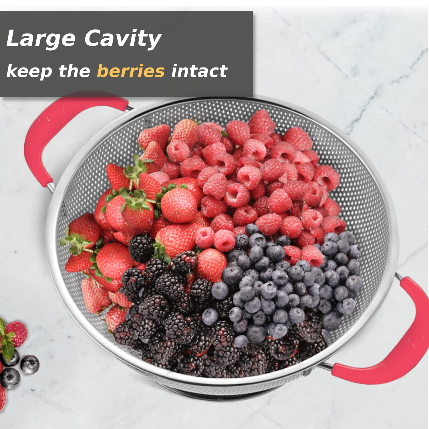 5-Quart Colander 18/8 Stainless Steel Colander Silicone Handle Large Heavy Duty Professional Kitchen Strainer Great For Pasta, B