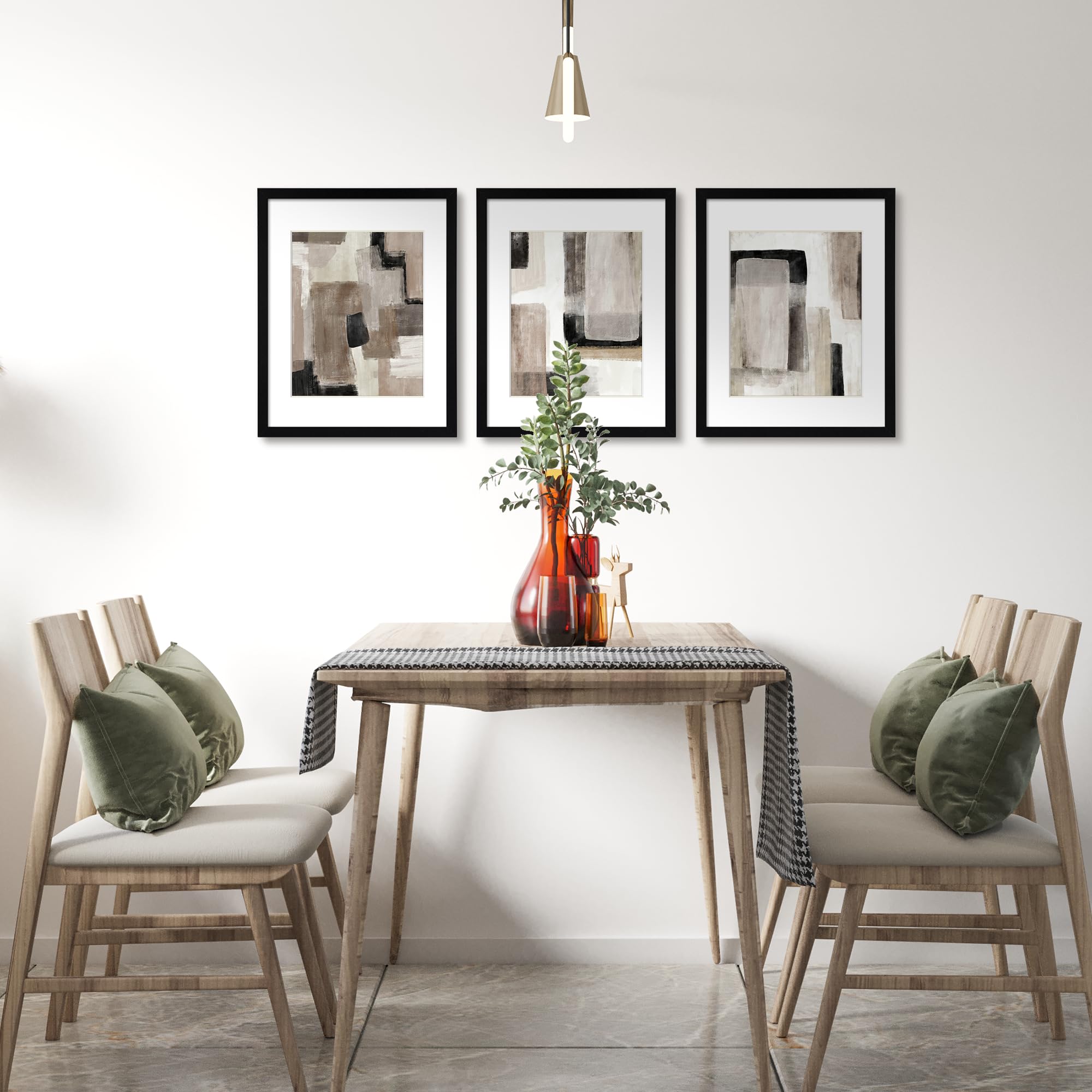 Artbyhannah 11X14 Inch Black Framed Abstract Wall Art Set Of 3 With Brown Black Tan Blocks For Wall Decor, Extra Art Prints Of B