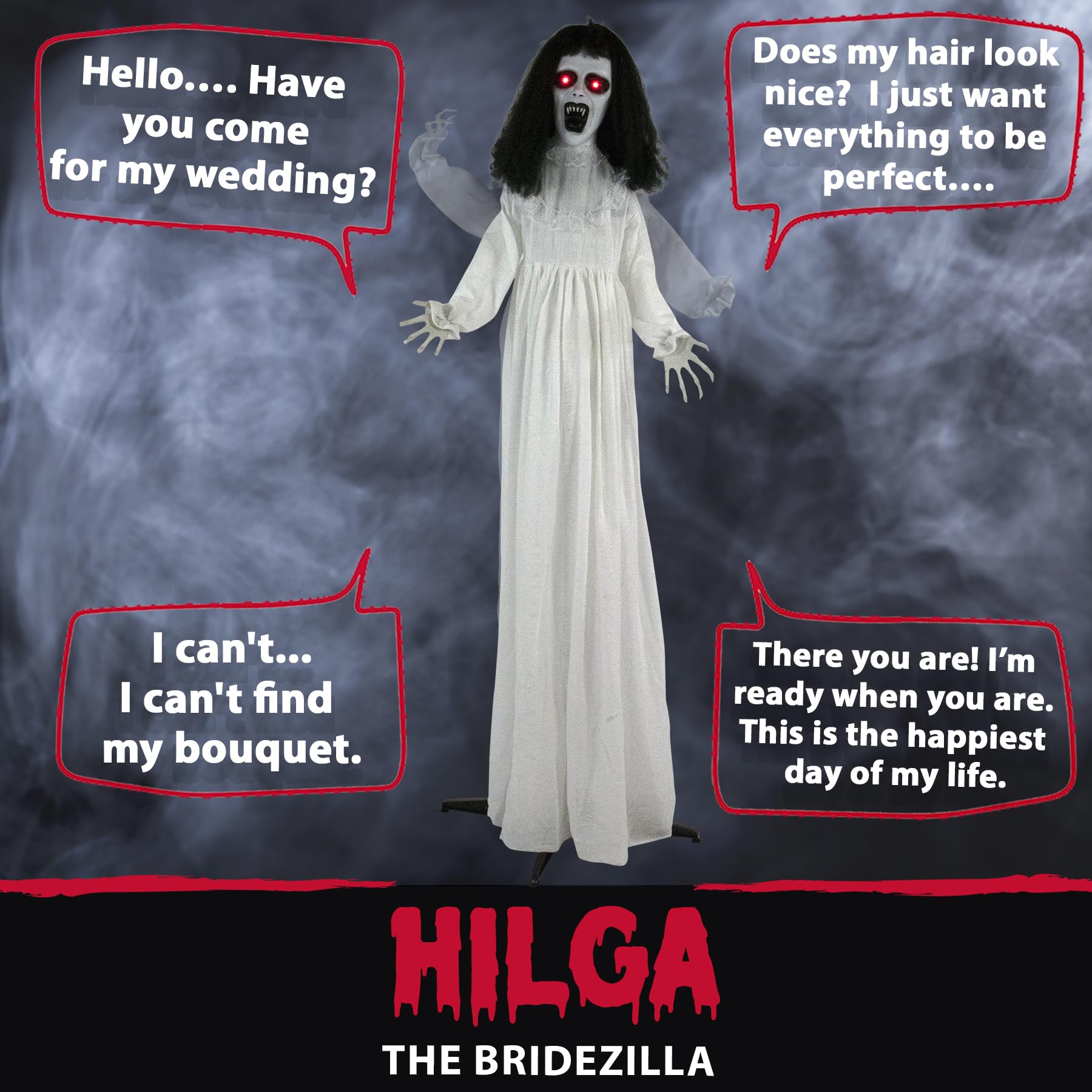 Haunted Hill Farm Life-Size Scary Demon Bride Halloween Animatronic with Touch Activated Lights and Sound, Battery Operated Indo