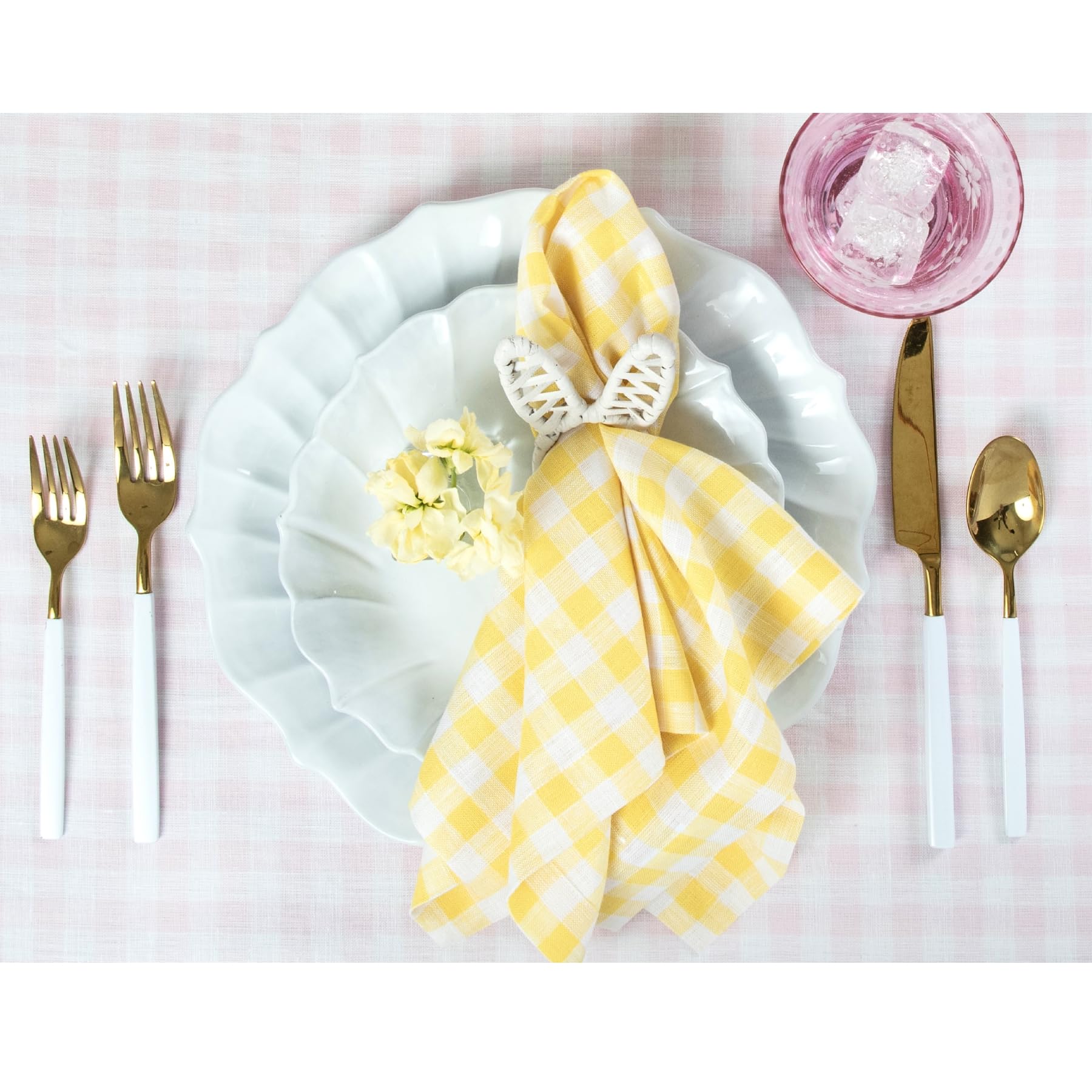 Solino Home Gingham Check Linen Napkins Set Of 4 - 100% Pure Linen Marigold Yellow Plaid Napkins 20 X 20 Inch - Machine Washable
