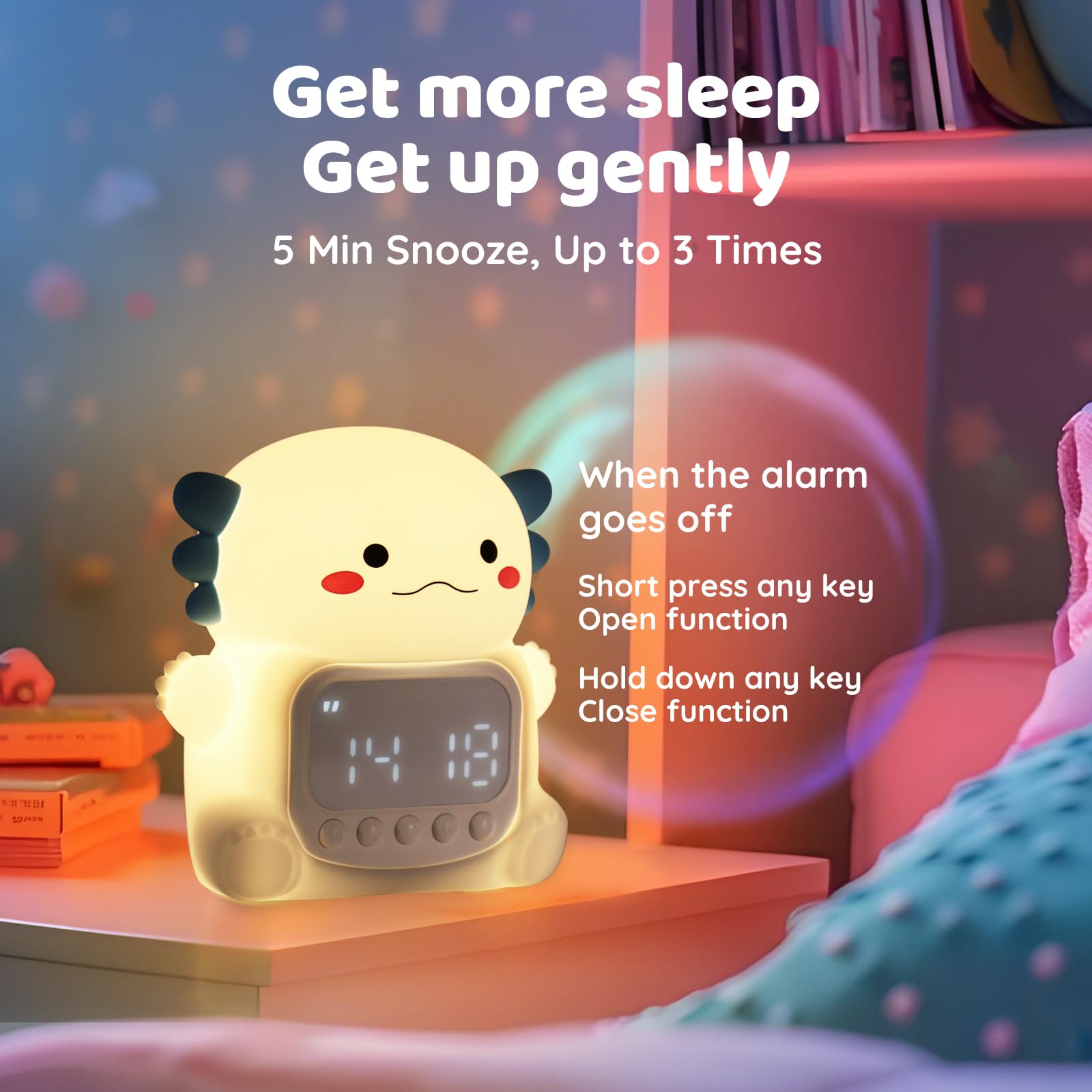 Aokpsrt Axolotl Alarm Clock with Night Light for Kids, Rechargeable Silicone Lamp Time to Wake Clock Cute Animal Tabletop Lamp,