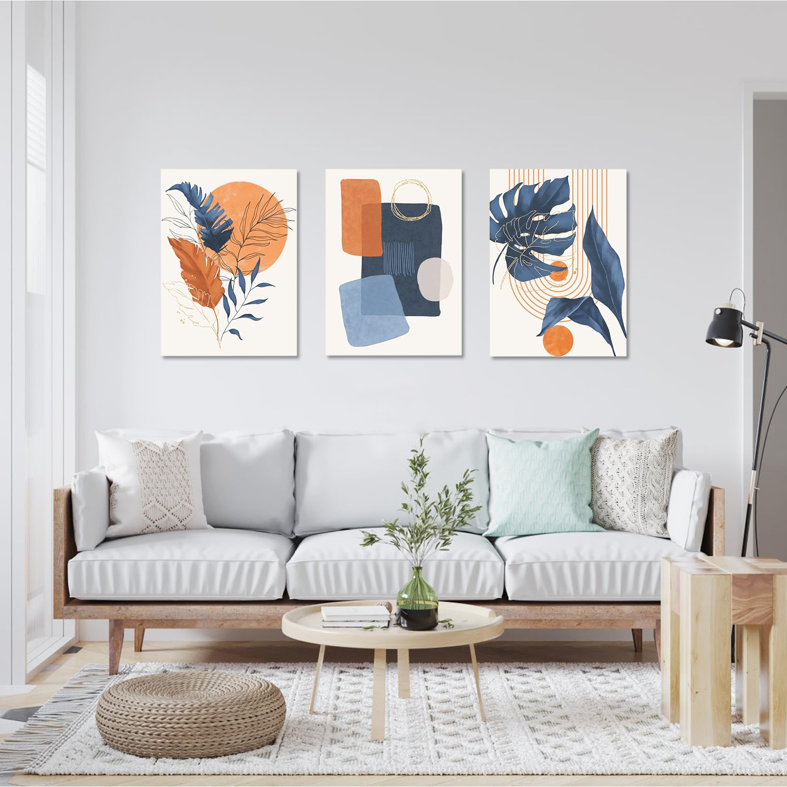 Boho Wall Art Painting Set Of 3, 16''X24'' Mid Century Modern Wall Decor Framed Canvas Print Minimalist Wall Art Geometric Abstr