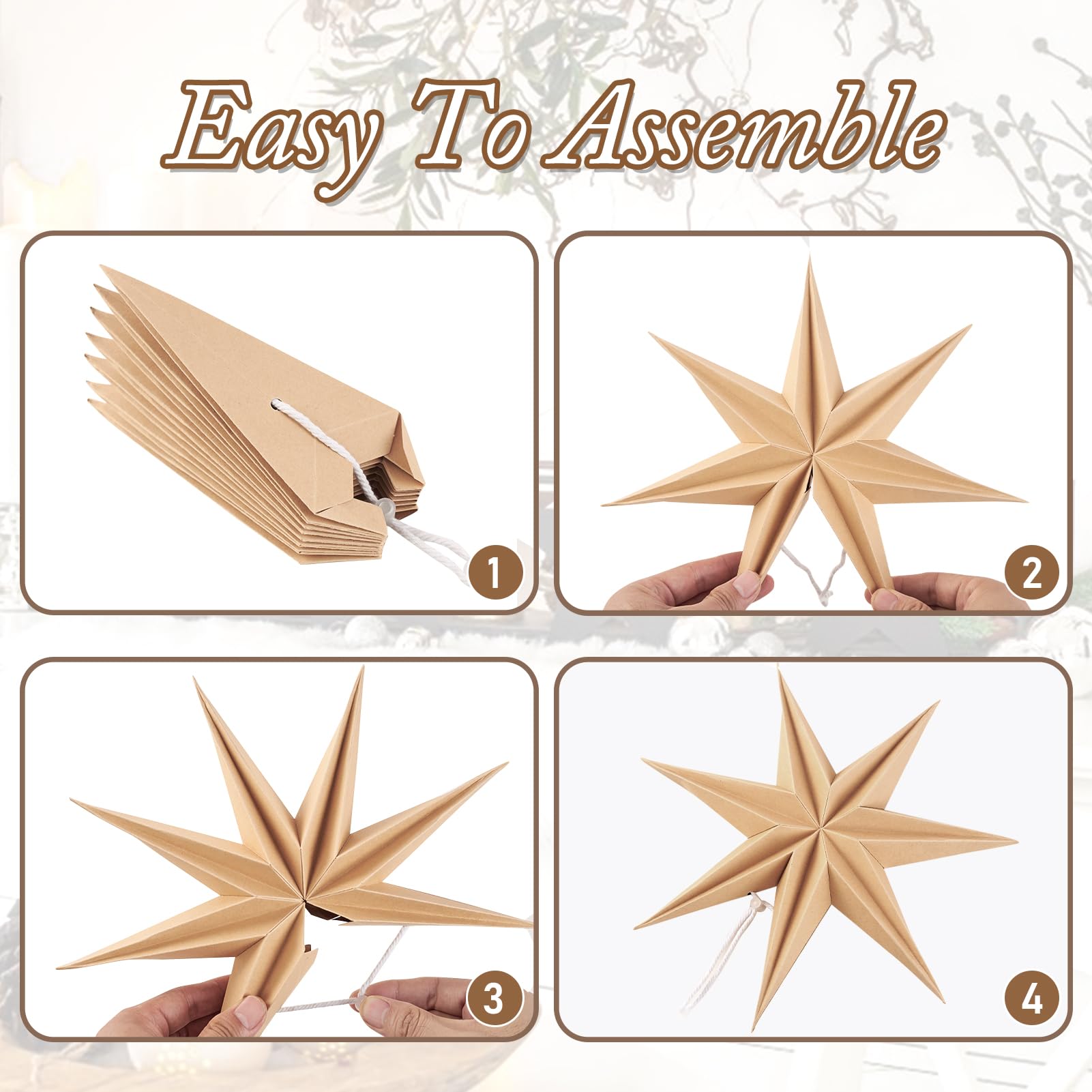 3Pcs 12Inch 7-Pointed Natural Paper Star Landerns Hanging Decoration Set Festive Holiday Decor Stars Shape Landerne For Christma