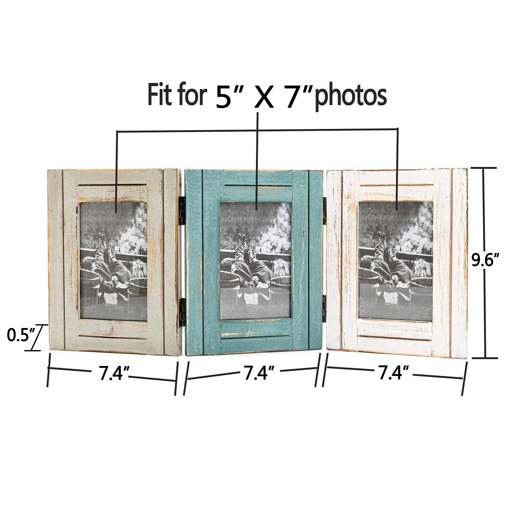 RiteSune Rustic Picture Frame 3 Folding 5X7 Triple Hinged Photo Frame Collage for Home Office Desk, Present for Christmas, New Y
