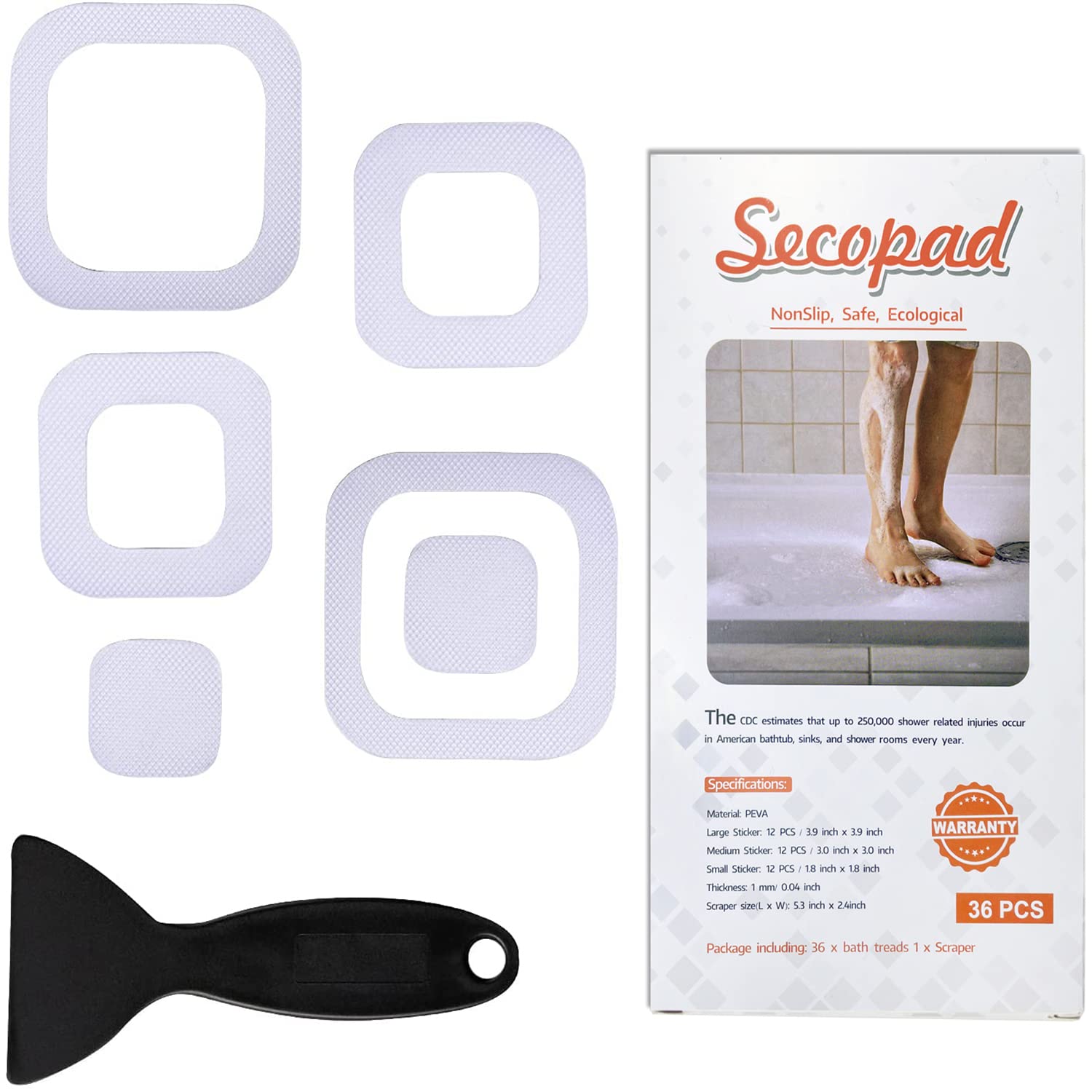 Secopad Non-Slip Bathtub Stickers, 36 Pcs Safety Bathroom Tubs Showers Treads Adhesive Decals Scraper