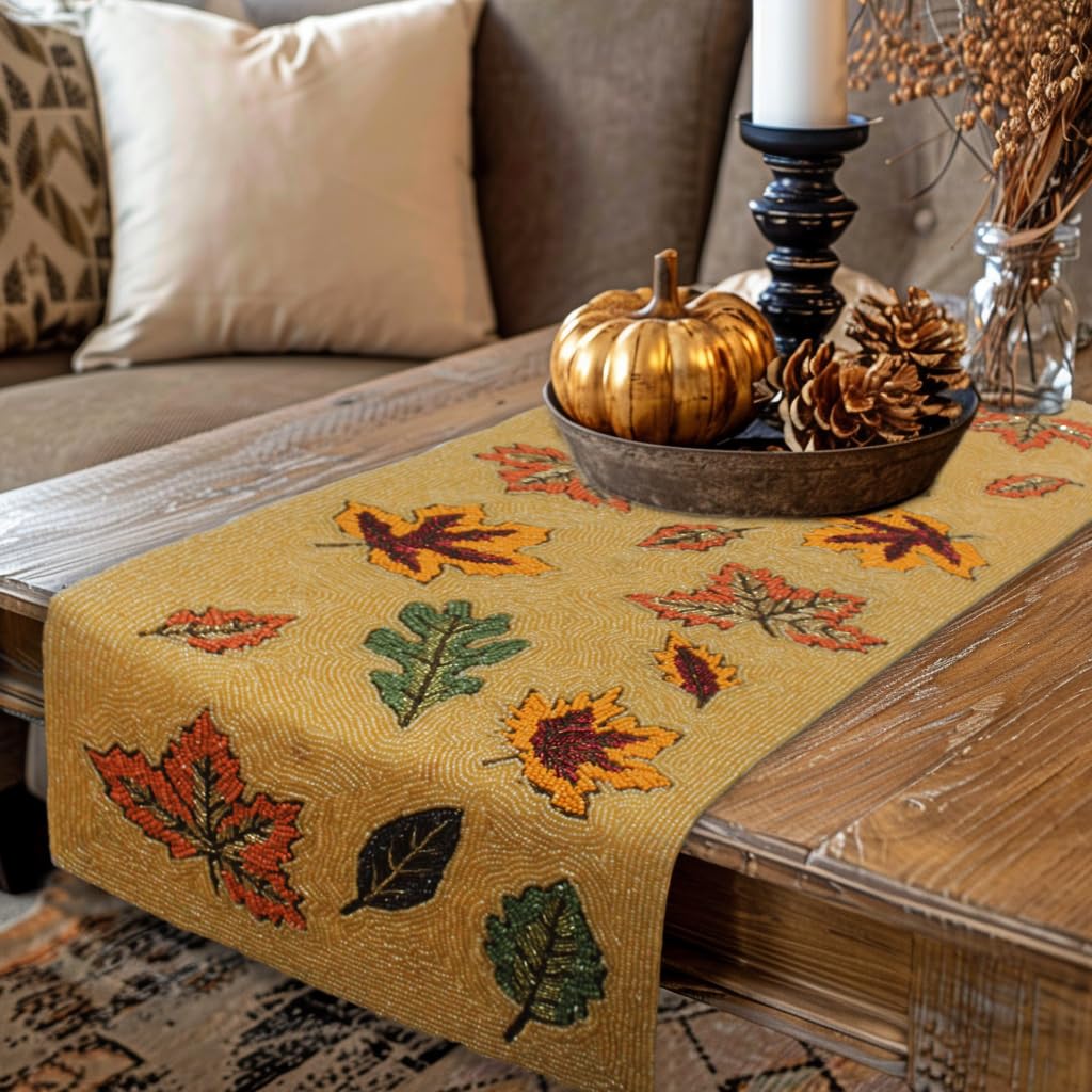 COTTON CRAFT Harvest Beaded Table Runner - Scattered Leaves Handmade Fall Tablerunner - Thanksgiving Autumn Foliage Christmas Ce