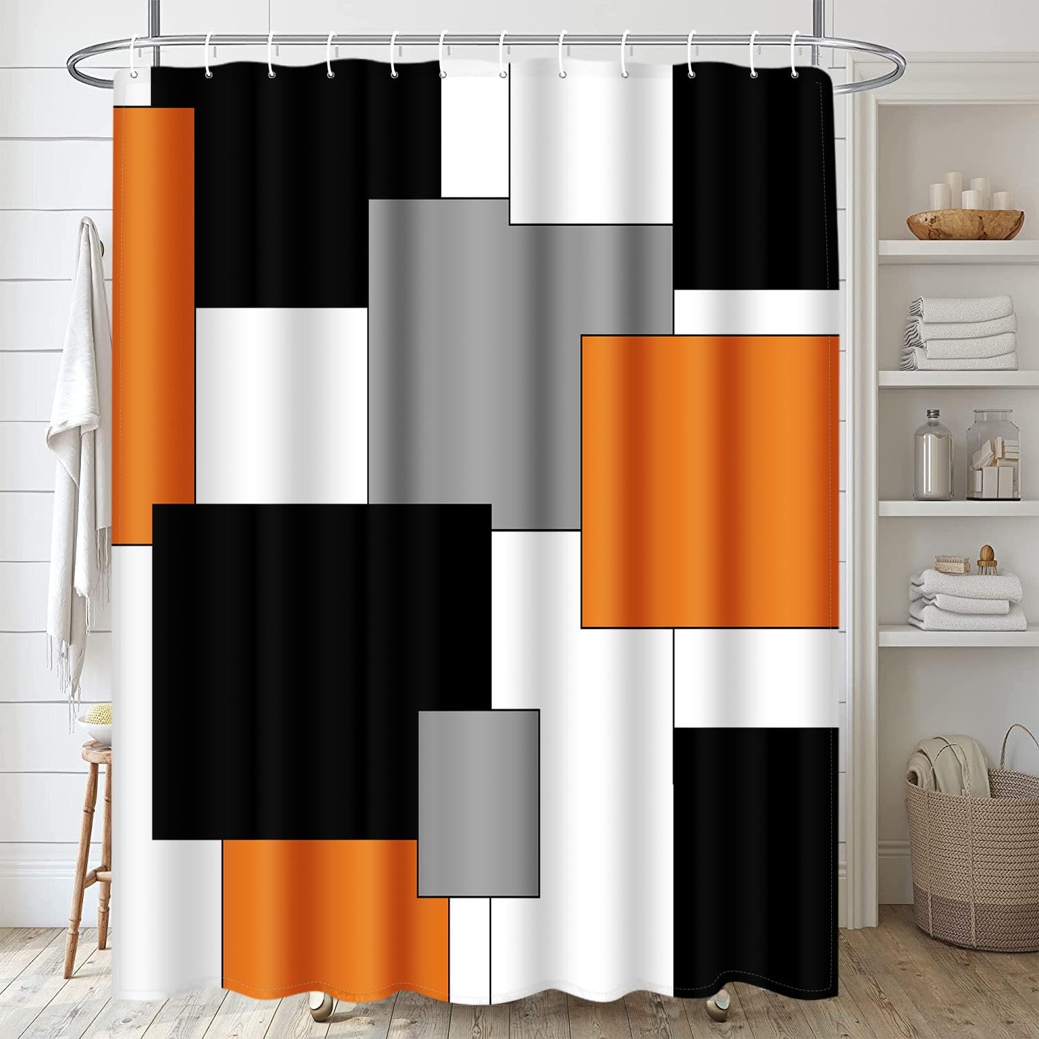 Subwest Orange Black Grey Modern Bathroom Set With Shower Curtain And Rugs Accessories, Modern Abstract Shower Curtain Orange Gr