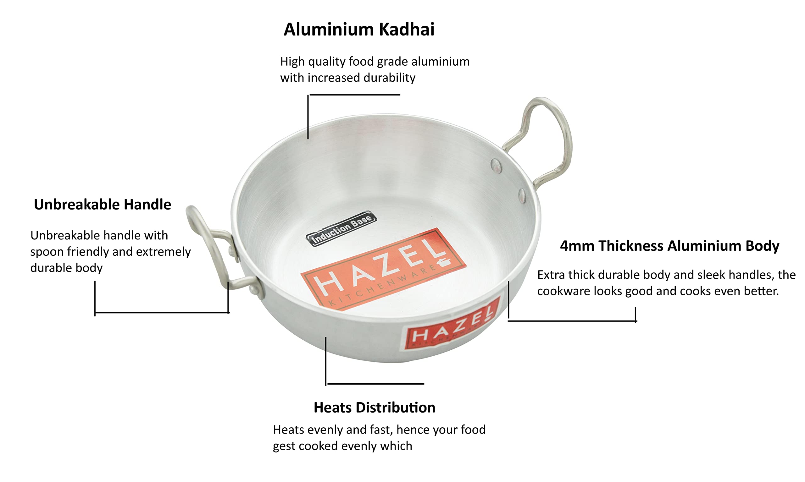 Hazel 4 Mm Aluminium 3000 Ml Induction Base Kadai Kadhai With Handle