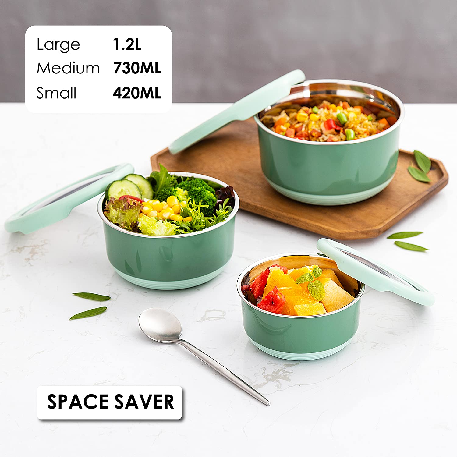 Lille Home Premium Stainless Steel Food Containers/Bento Lunch Box, Anti-Slip Exterior, Set Of Three (14Oz, 25Oz, 41Oz), Leakpro