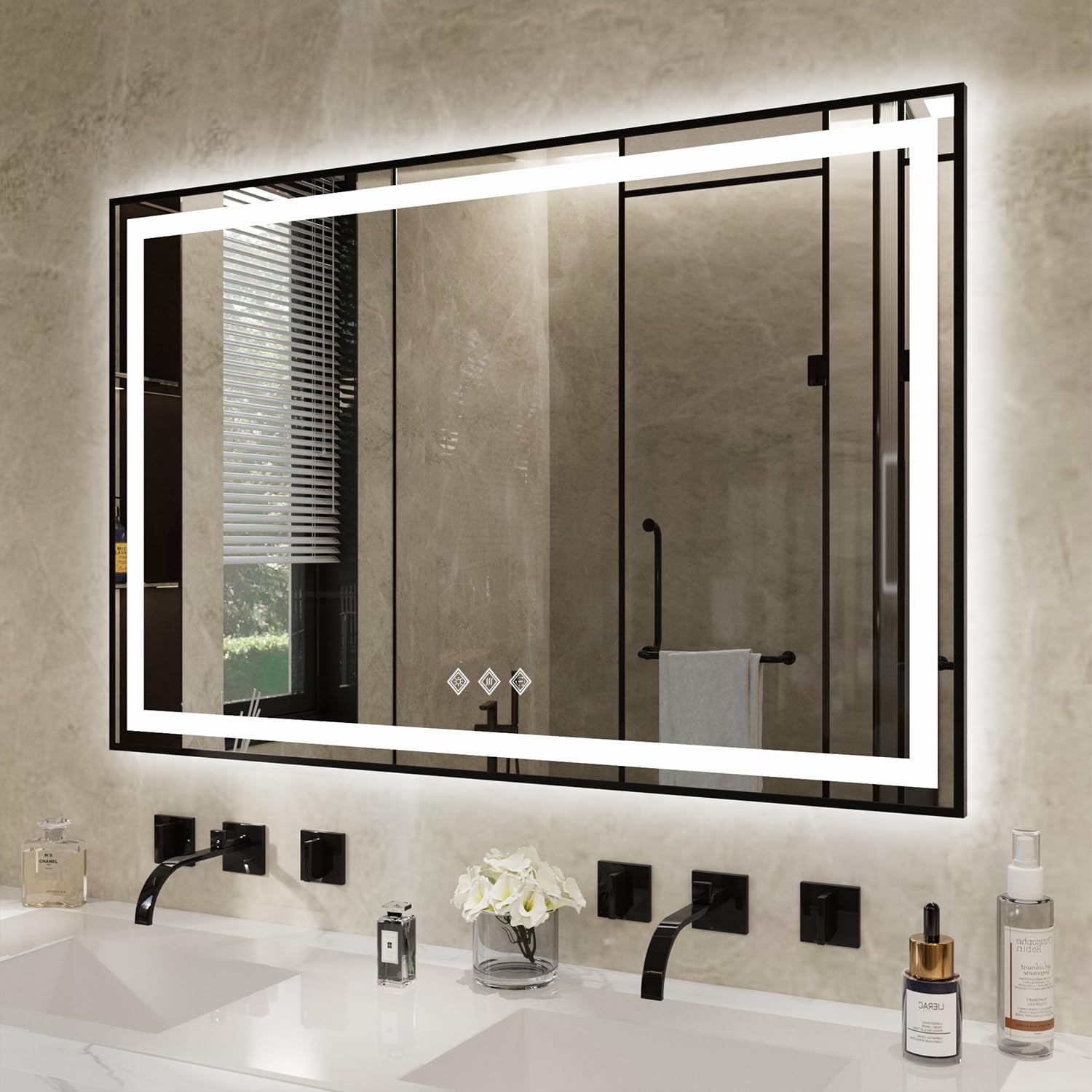 Vanpokins Led Bathroom Mirror, 48X32 Inch Black Framed Gradient Front And Backlit Lighted Bathroom Mirror, 3 Colors Dimmable Cri