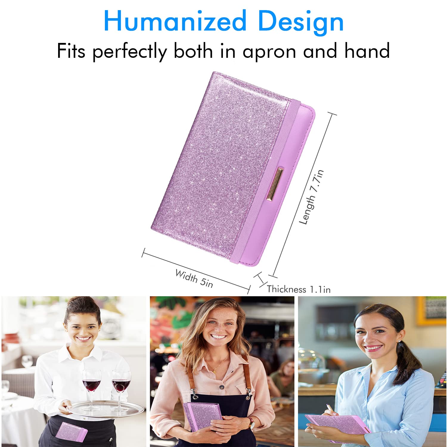 Server Book for Waitress-Leather Waitress Book Organizer with Zipper Pocket Cute Waiter Book Server Wallet with Elastic Band Closure  Glitter Purple