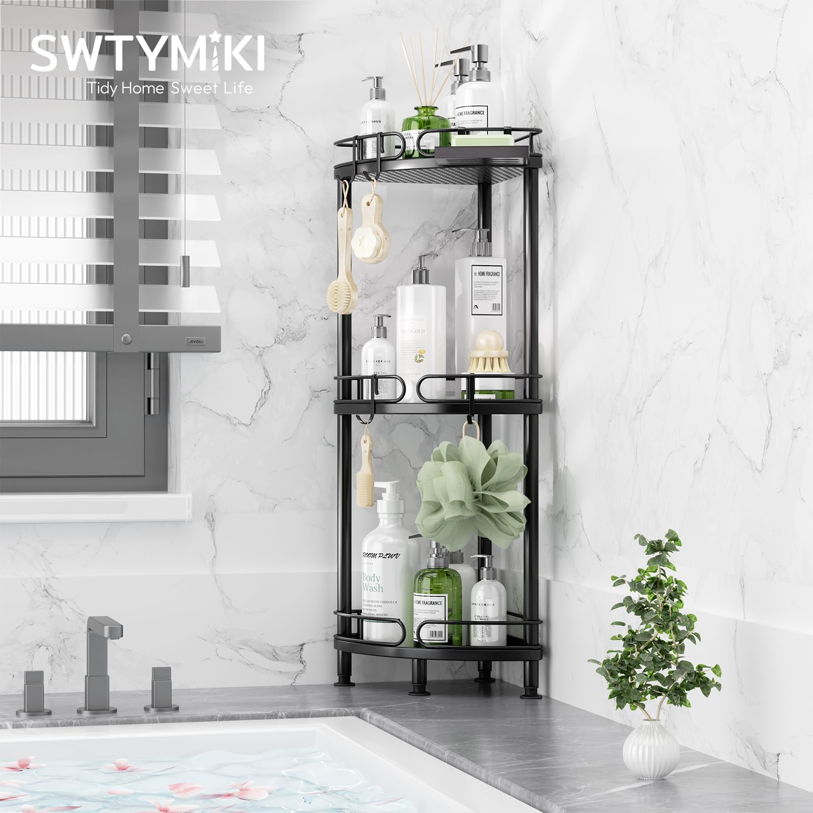 Swtymiki Corner Shower Caddy Standing - 3 Tier Corner Shelf Stand Shower Organizer With Soap Holder, Rust Proof Freestanding Flo