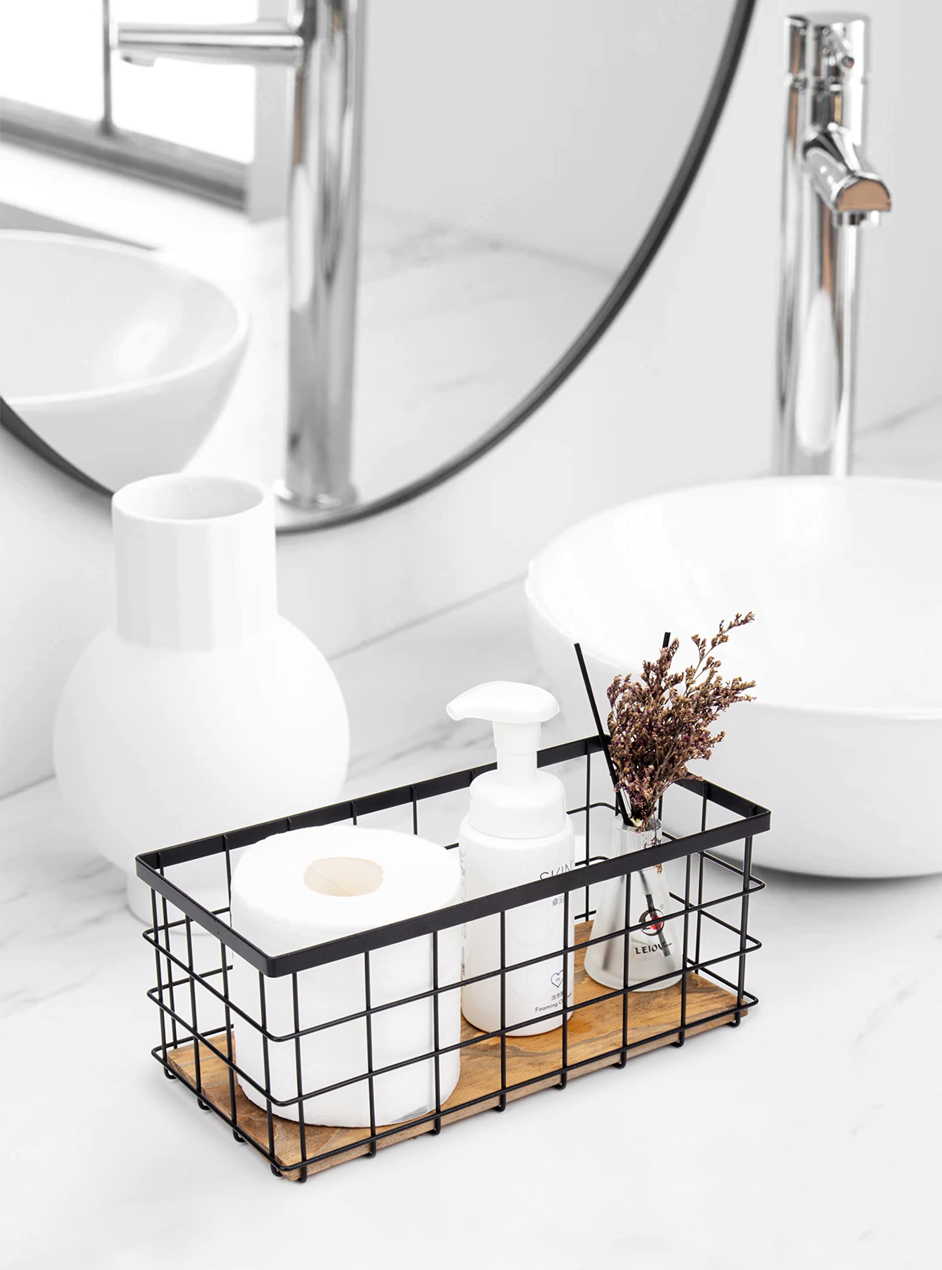 Tieyipin Farmhouse Decor Metal Wire Storage Baskets, Wood Base Containers Organizing Basket Caddy Bin For Kitchen Cabinets, Bath